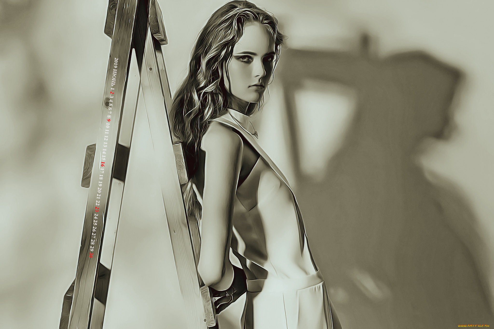 календари, компьютерный, дизайн, 2019, calendar, женщина, взгляд, девушка, стремянка