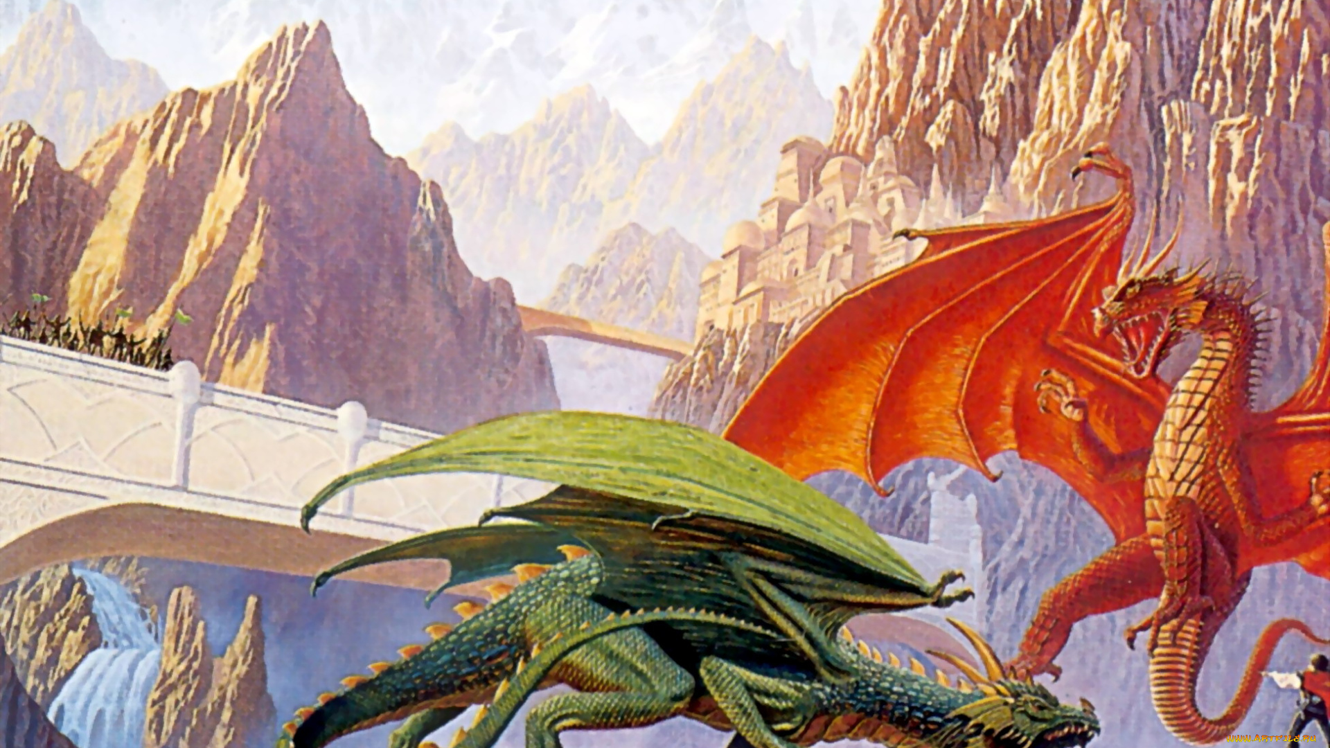 фэнтези, драконы, скалы, мост