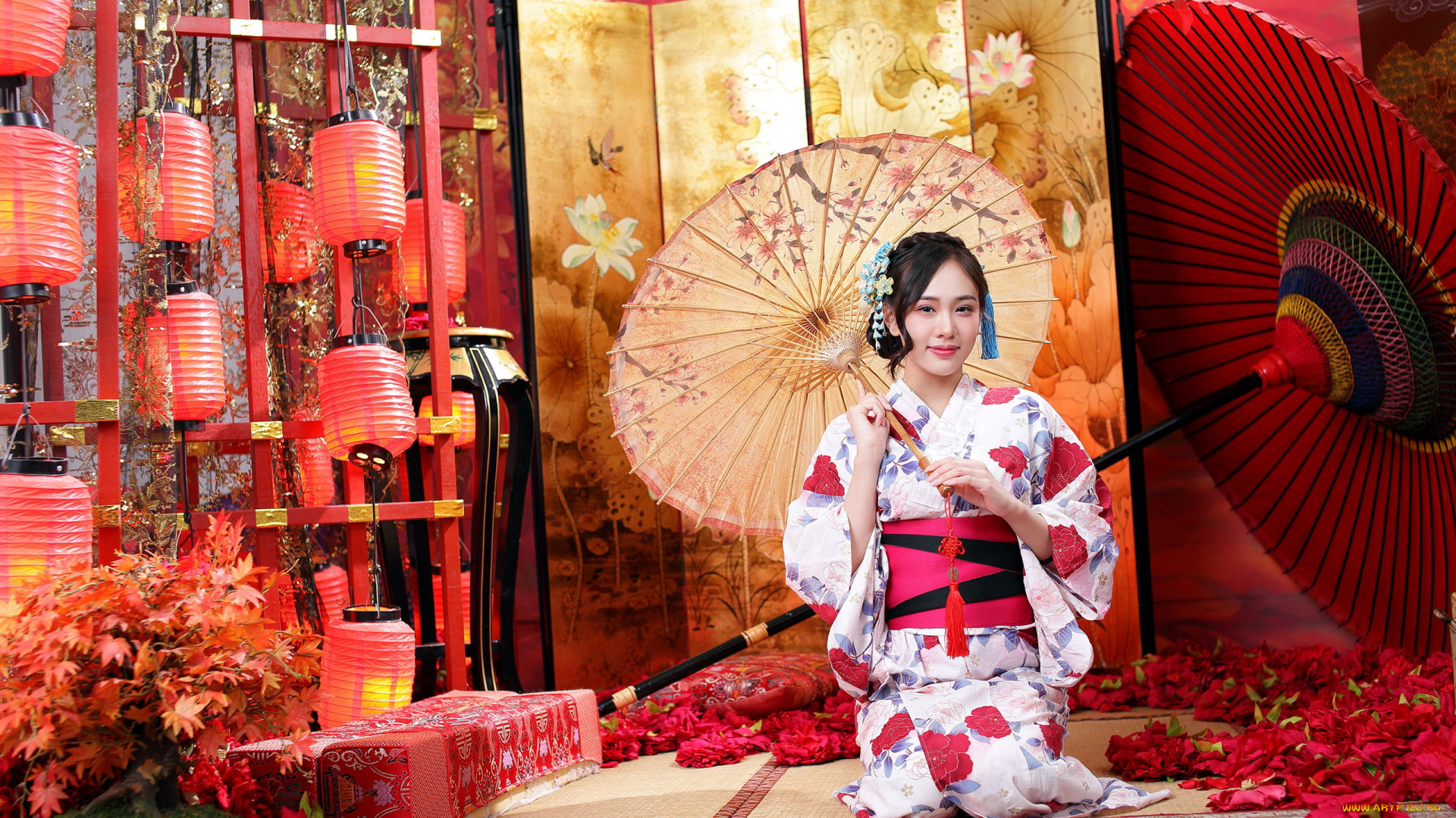 девушки, -, азиатки, кимоно, азиатка, зонтик, фонарики