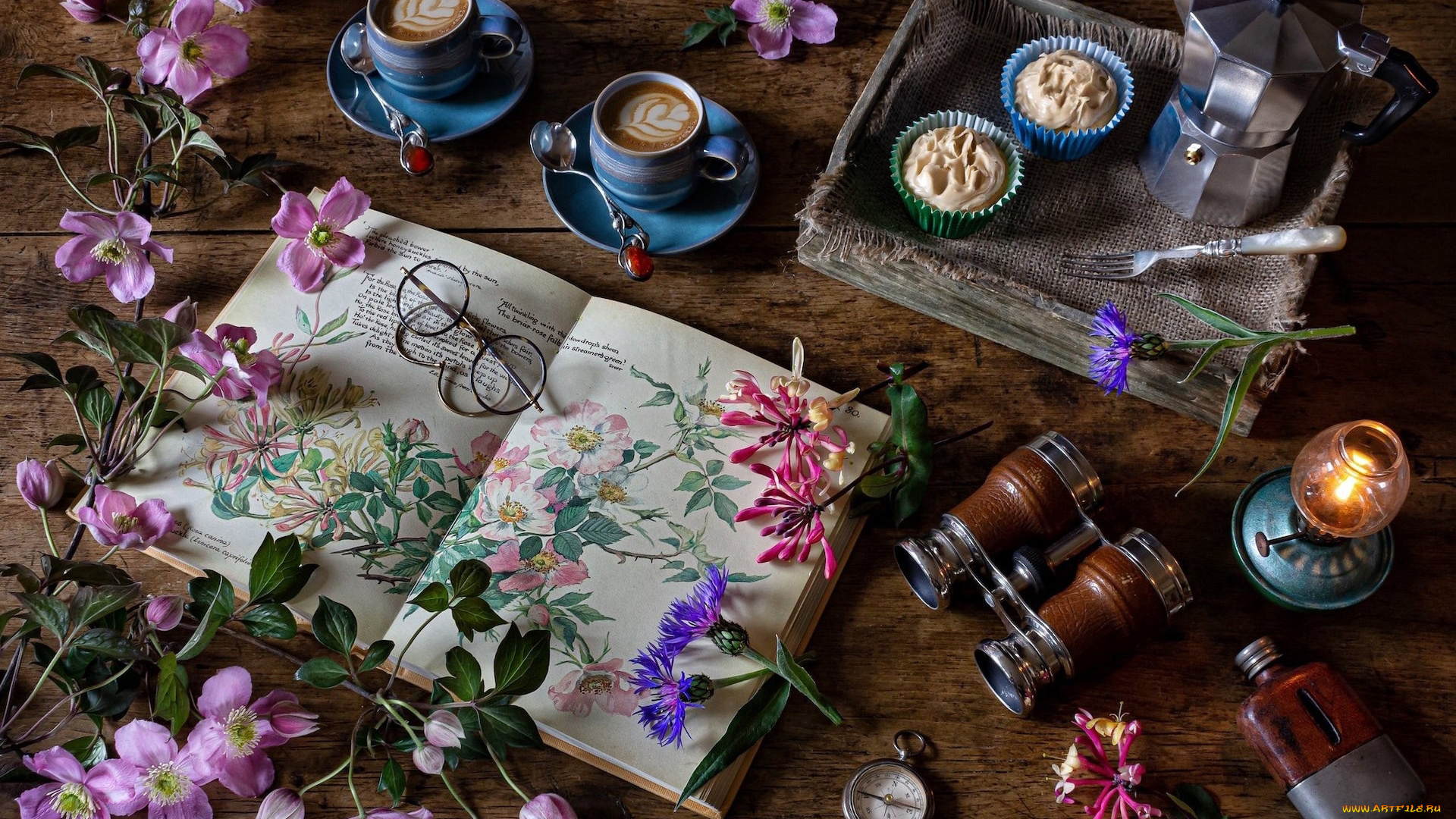 еда, натюрморт, книга, цветы, кофе, кексы