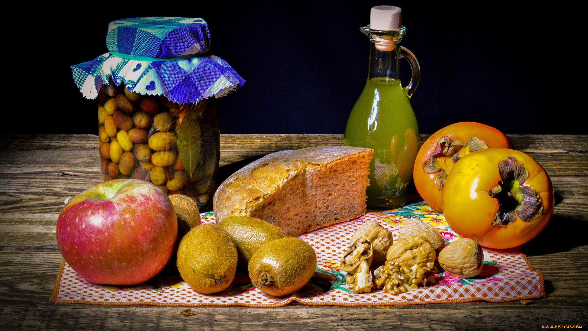 еда, натюрморт, оливки, киви, орехи, хурма, масло