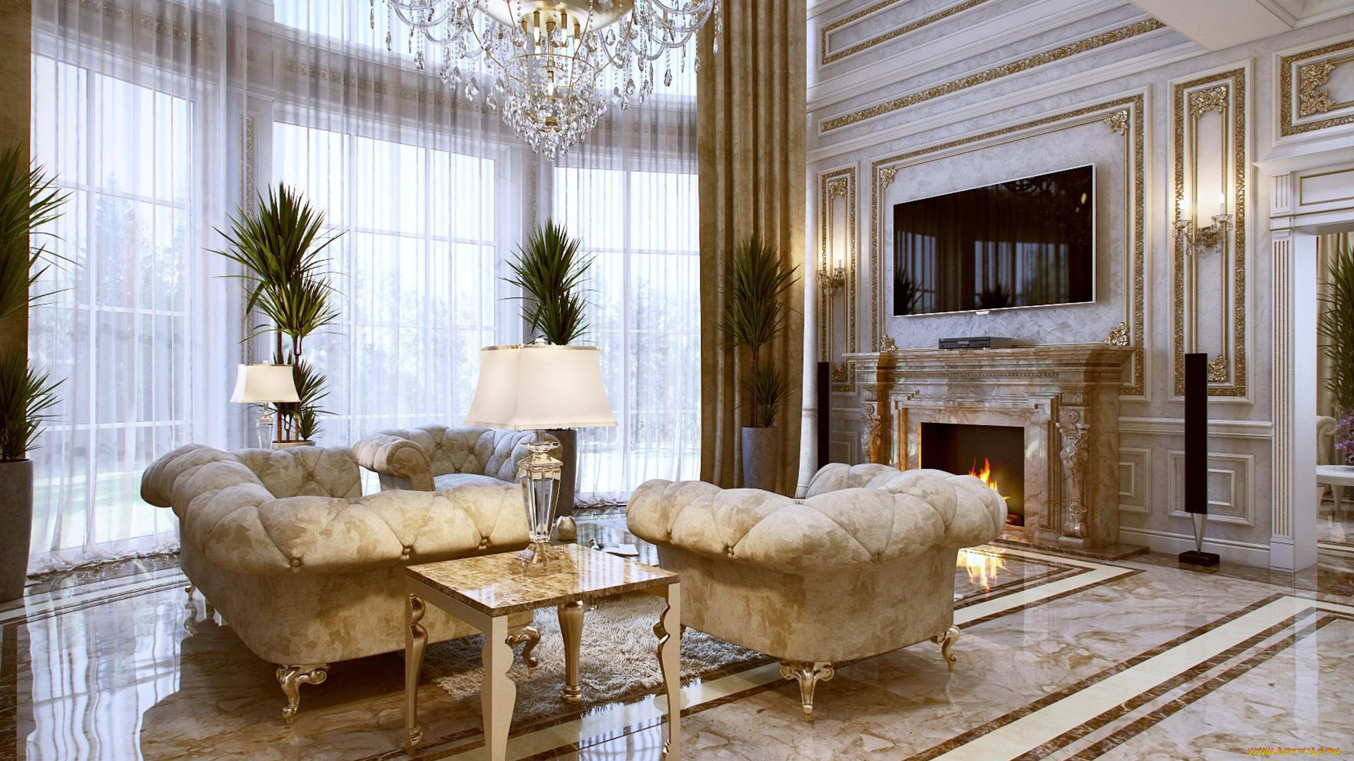 интерьер, гостиная, камин, кресла, лампа