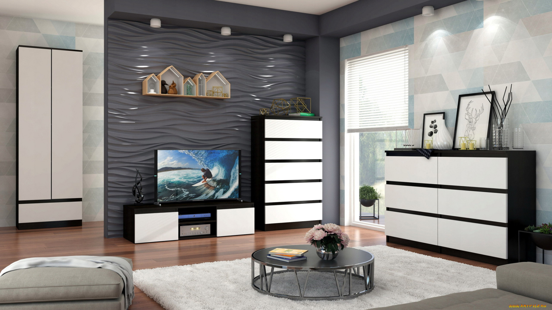 интерьер, гостиная, картина, стол, пуфик