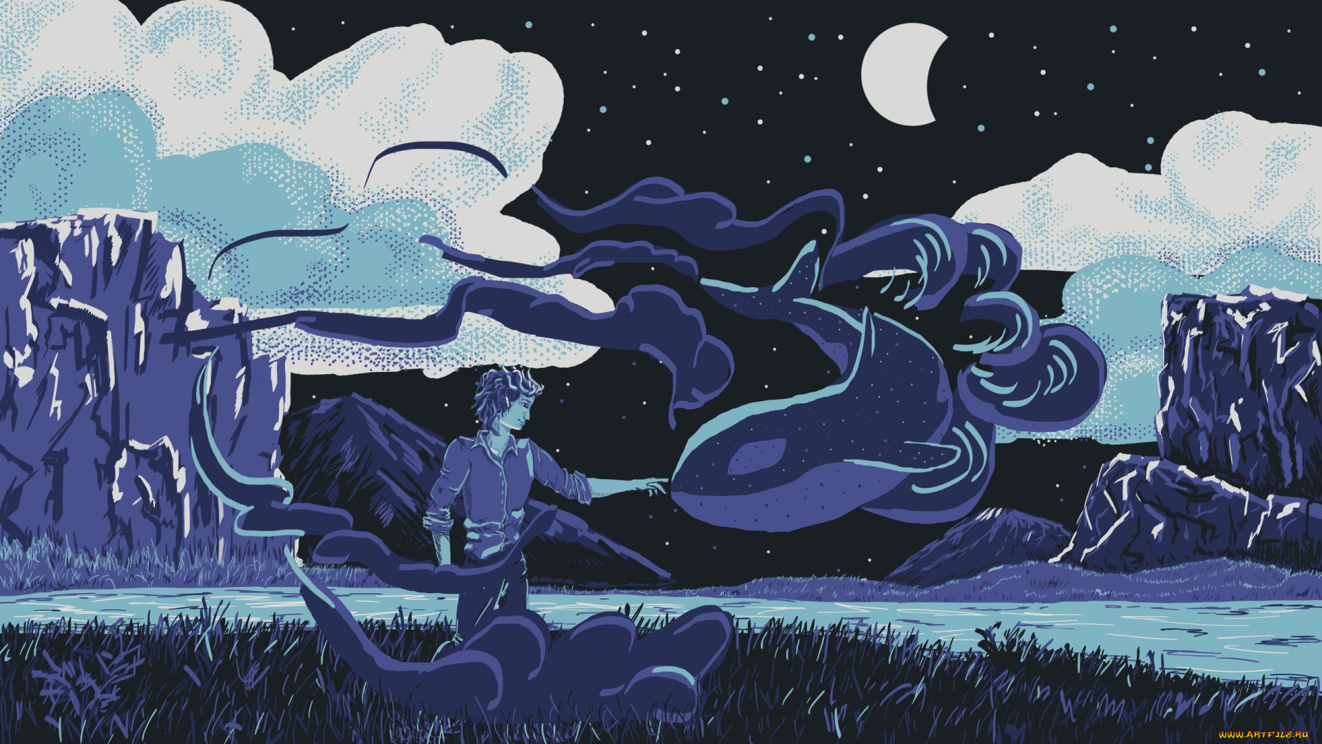 векторная, графика, люди, , people, парень, кит, ночь, природа