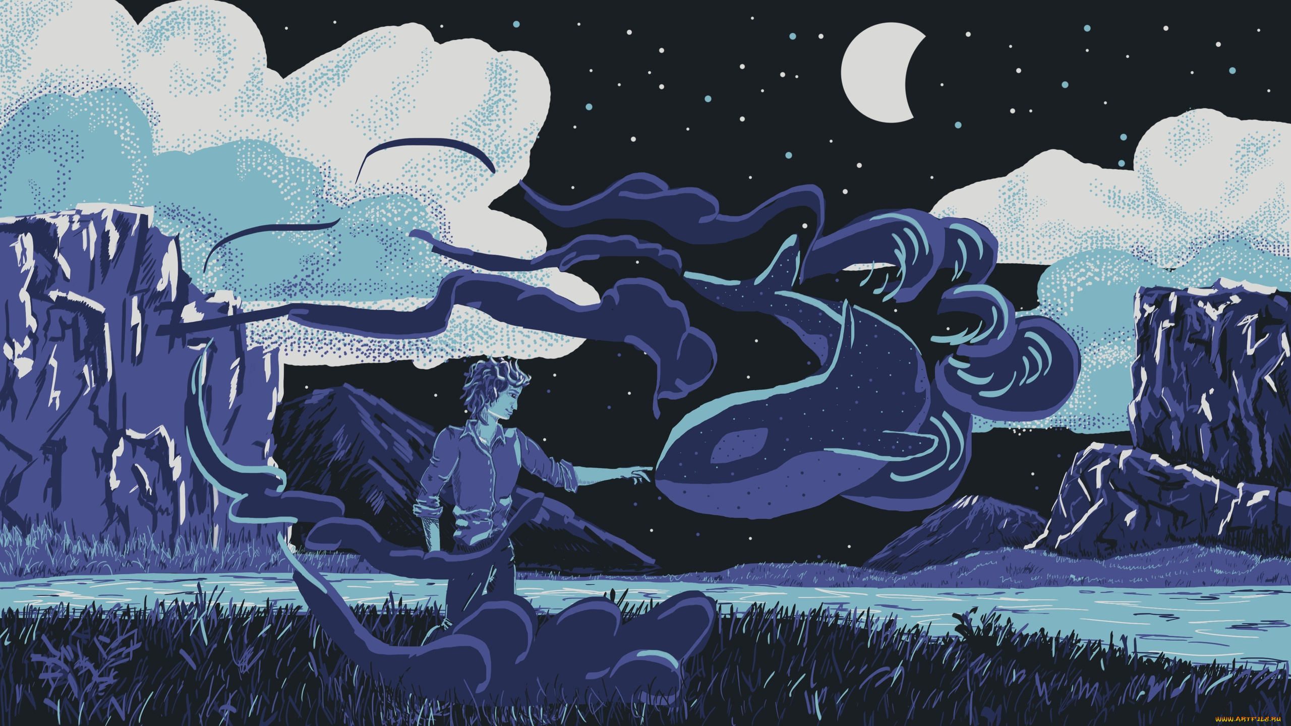 векторная, графика, люди, , people, парень, кит, ночь, природа