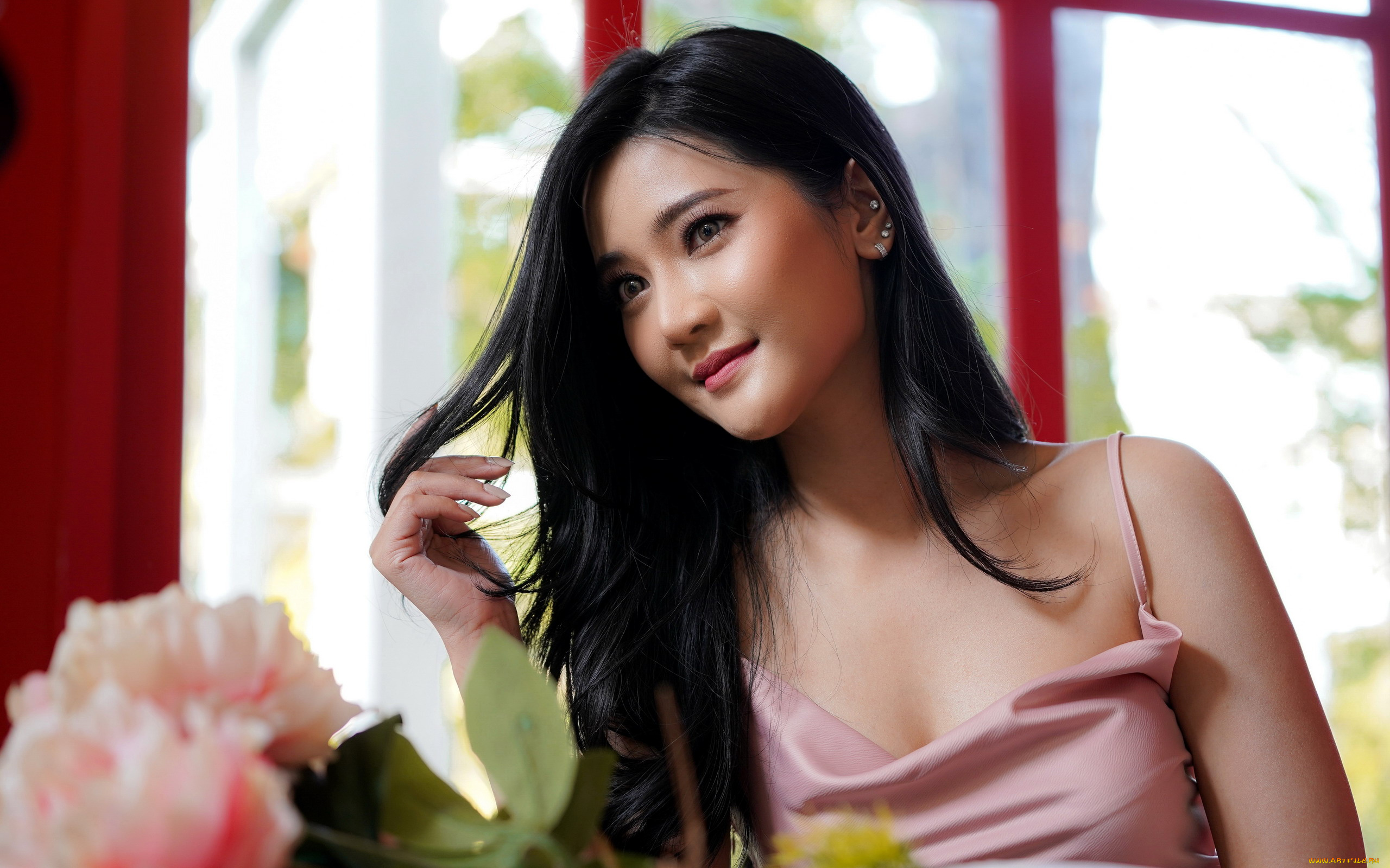 девушки, -, азиатки, азиатка, декольте, поза