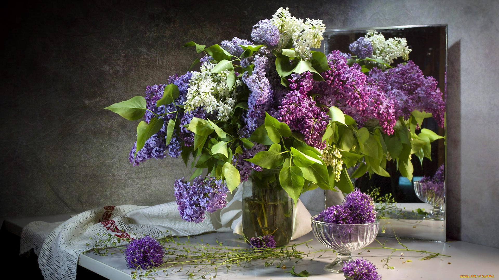 цветы, сирень, весна, лиловая, белая, букет, зеркало