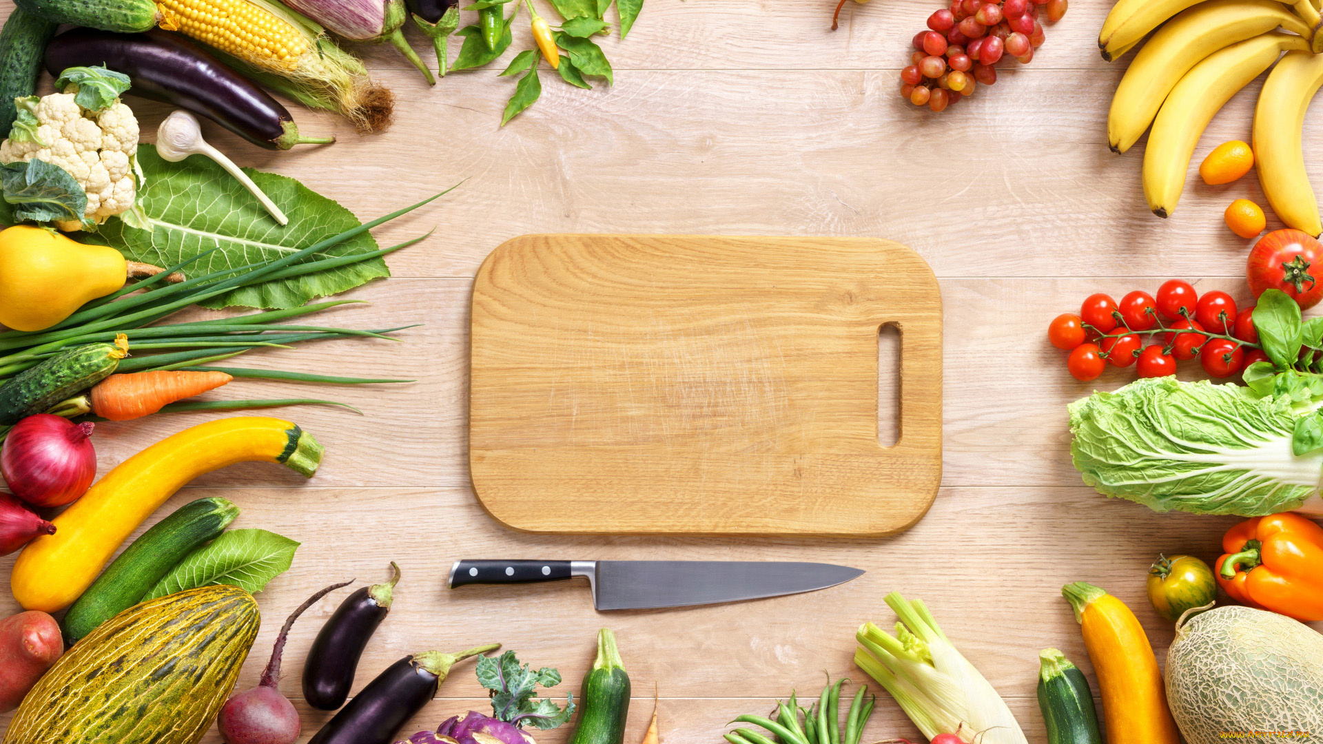 еда, фрукты, и, овощи, вместе, виноград, банан, баклажан, капуста, помидоры