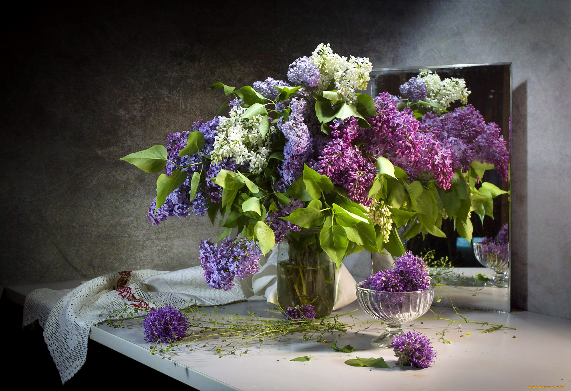 цветы, сирень, весна, лиловая, белая, букет, зеркало
