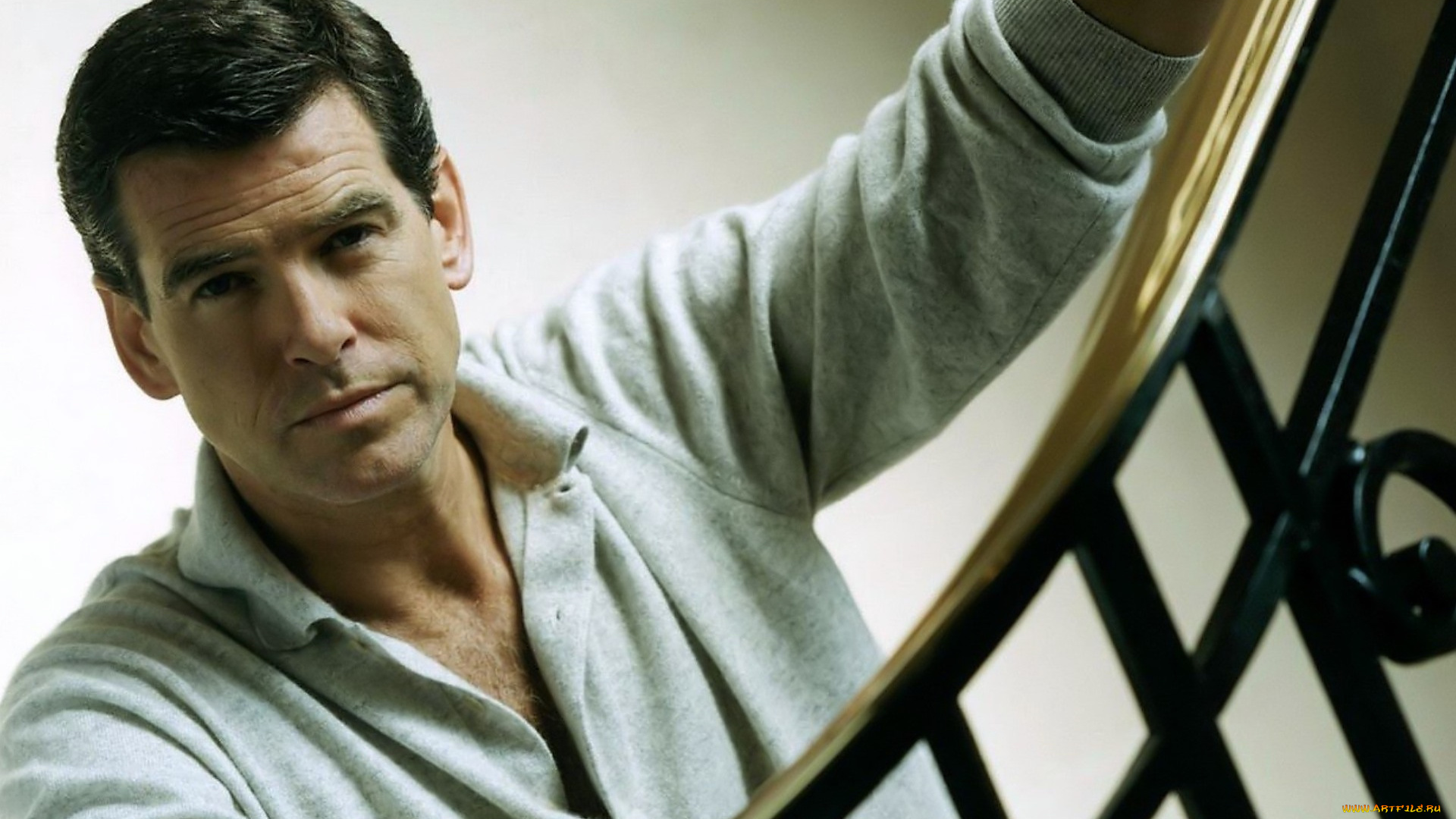 мужчины, pierce, brosnan, актер, кардиган, перила