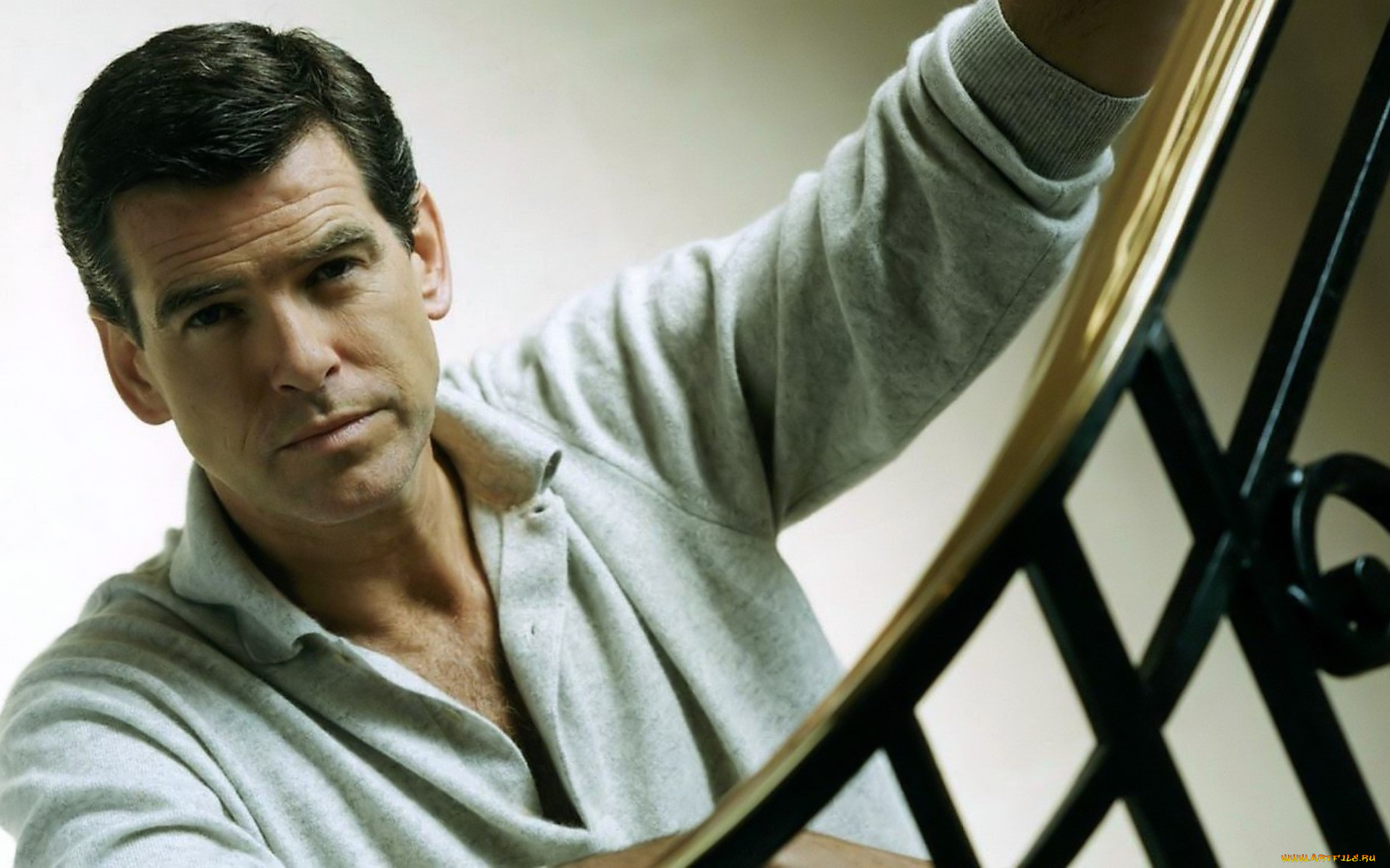 мужчины, pierce, brosnan, актер, кардиган, перила