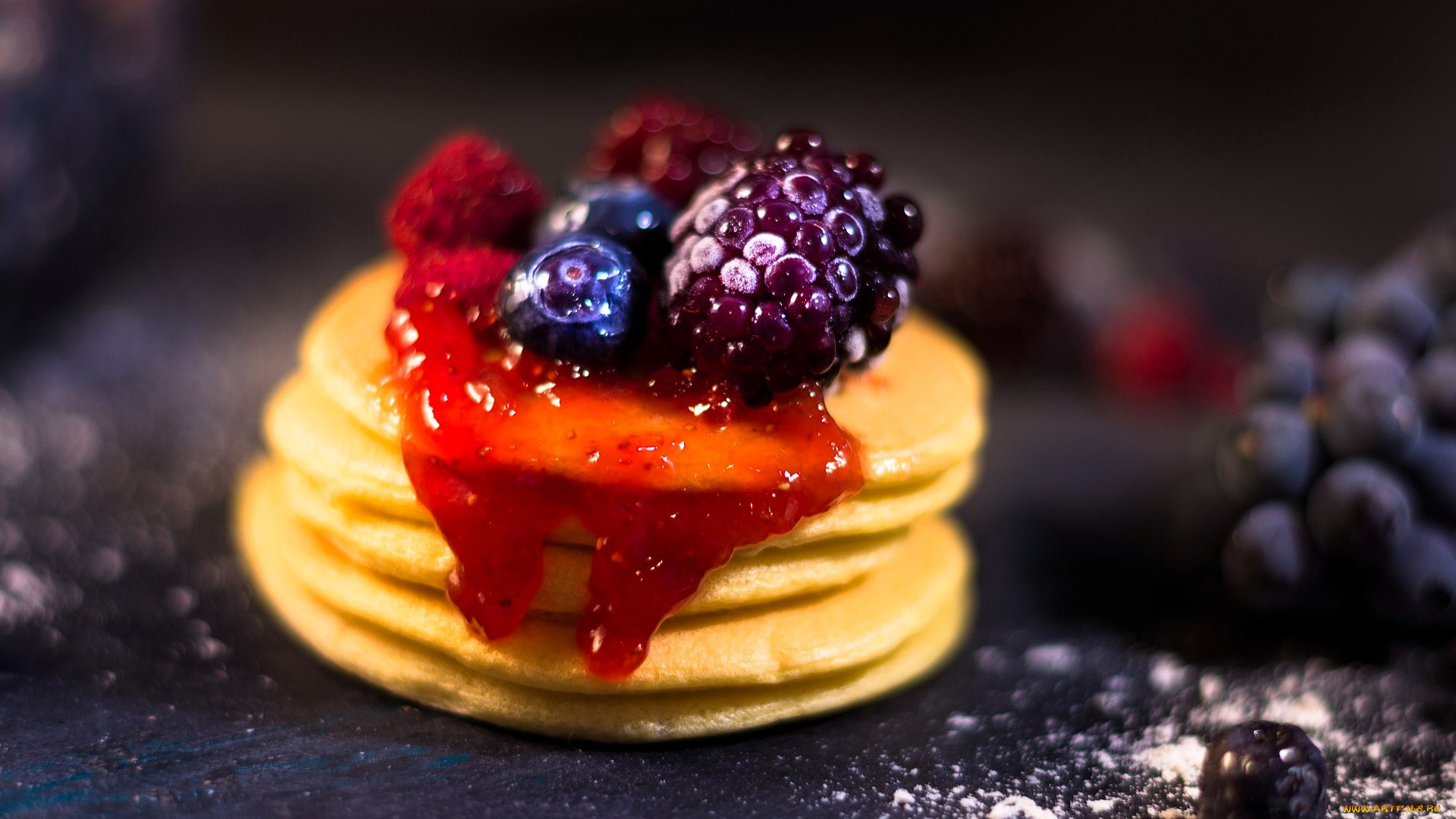 еда, блины, , оладьи, оладьи, сироп, ягоды