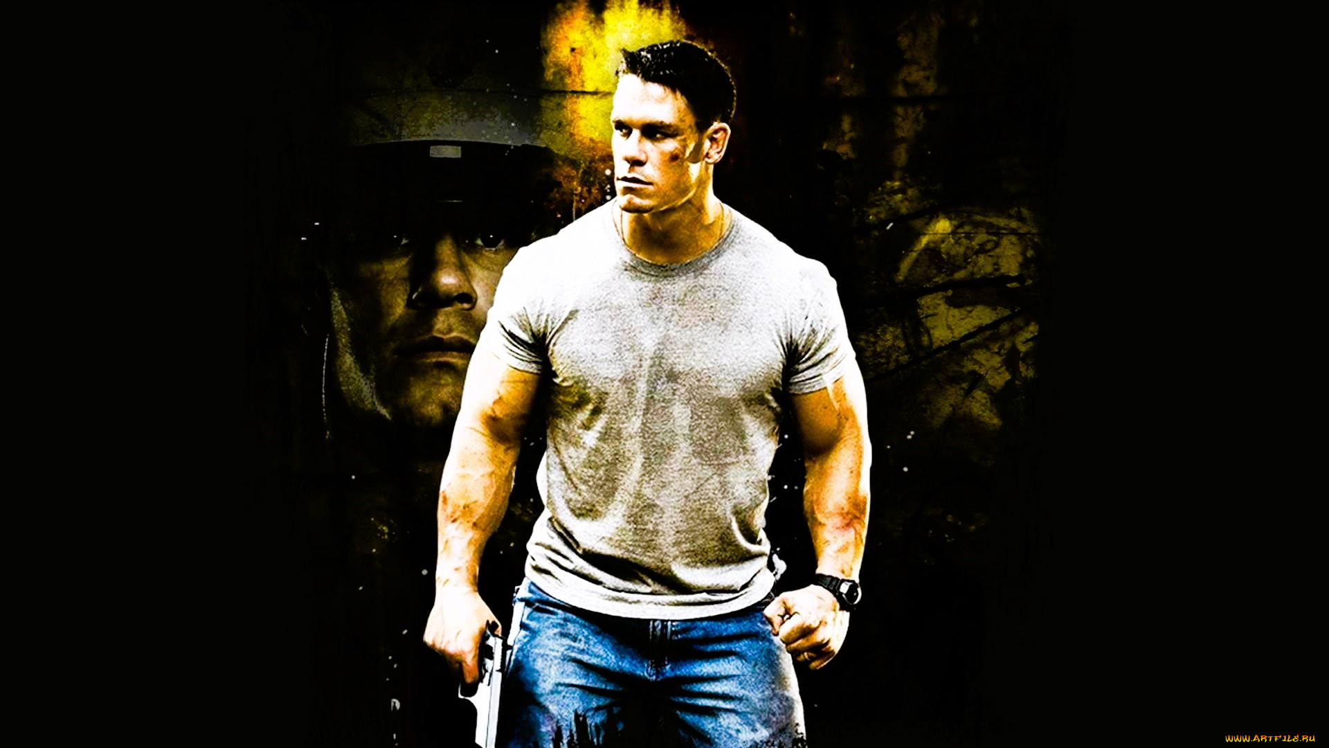 кино, фильмы, the, marine, мужчина, футболка, джинсы, пистолет, лицо, каска, спецназ