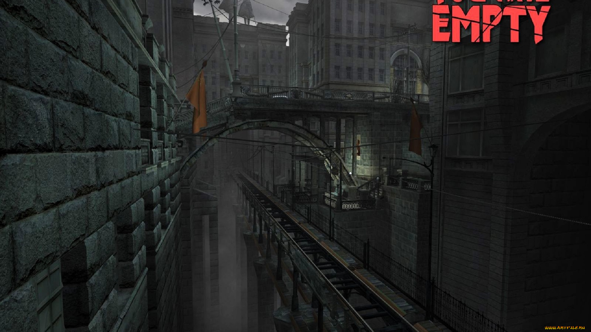 видео, игры, you, are, empty, город, статуя, мост, флаг, дома, здания, туман