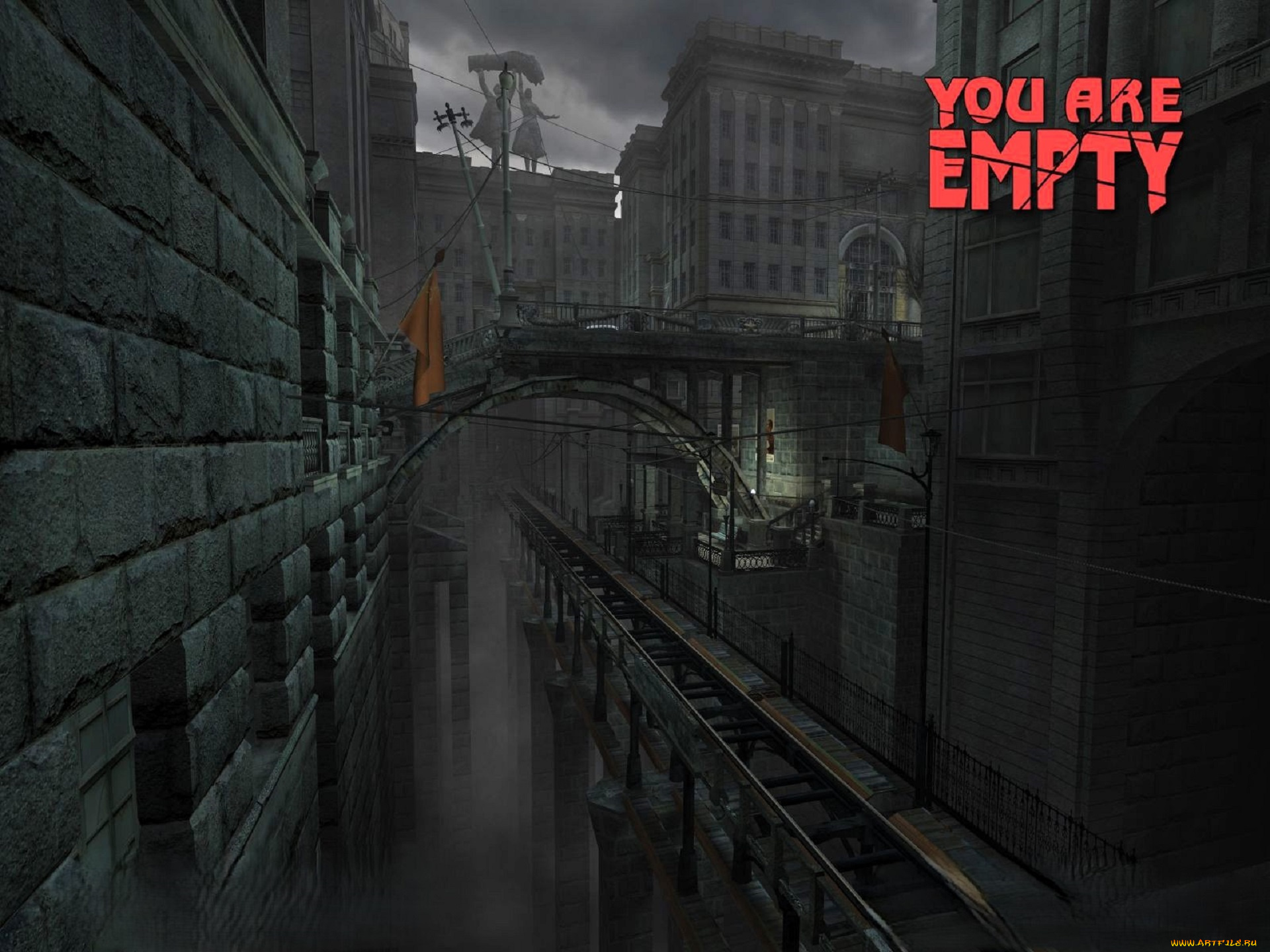 видео, игры, you, are, empty, город, статуя, мост, флаг, дома, здания, туман