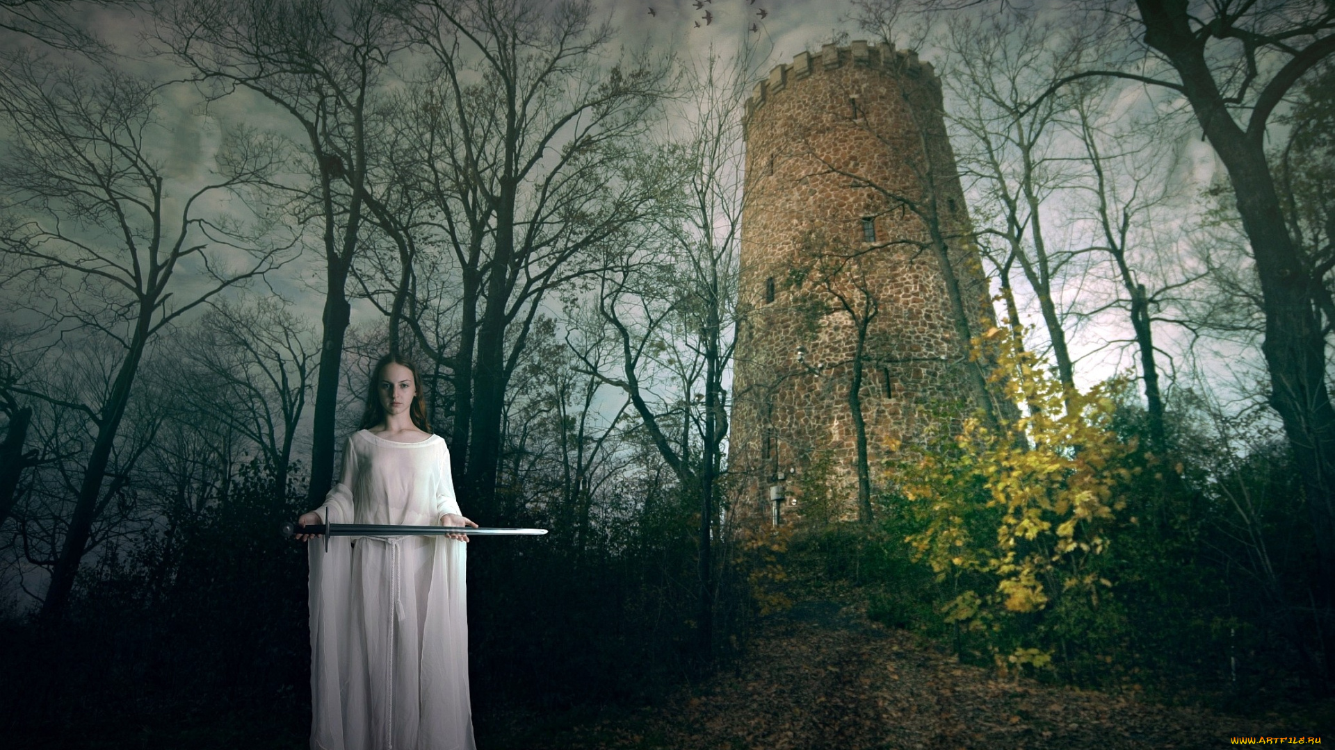 фэнтези, девушки, белое, платье, лес, сумерки, меч, башня