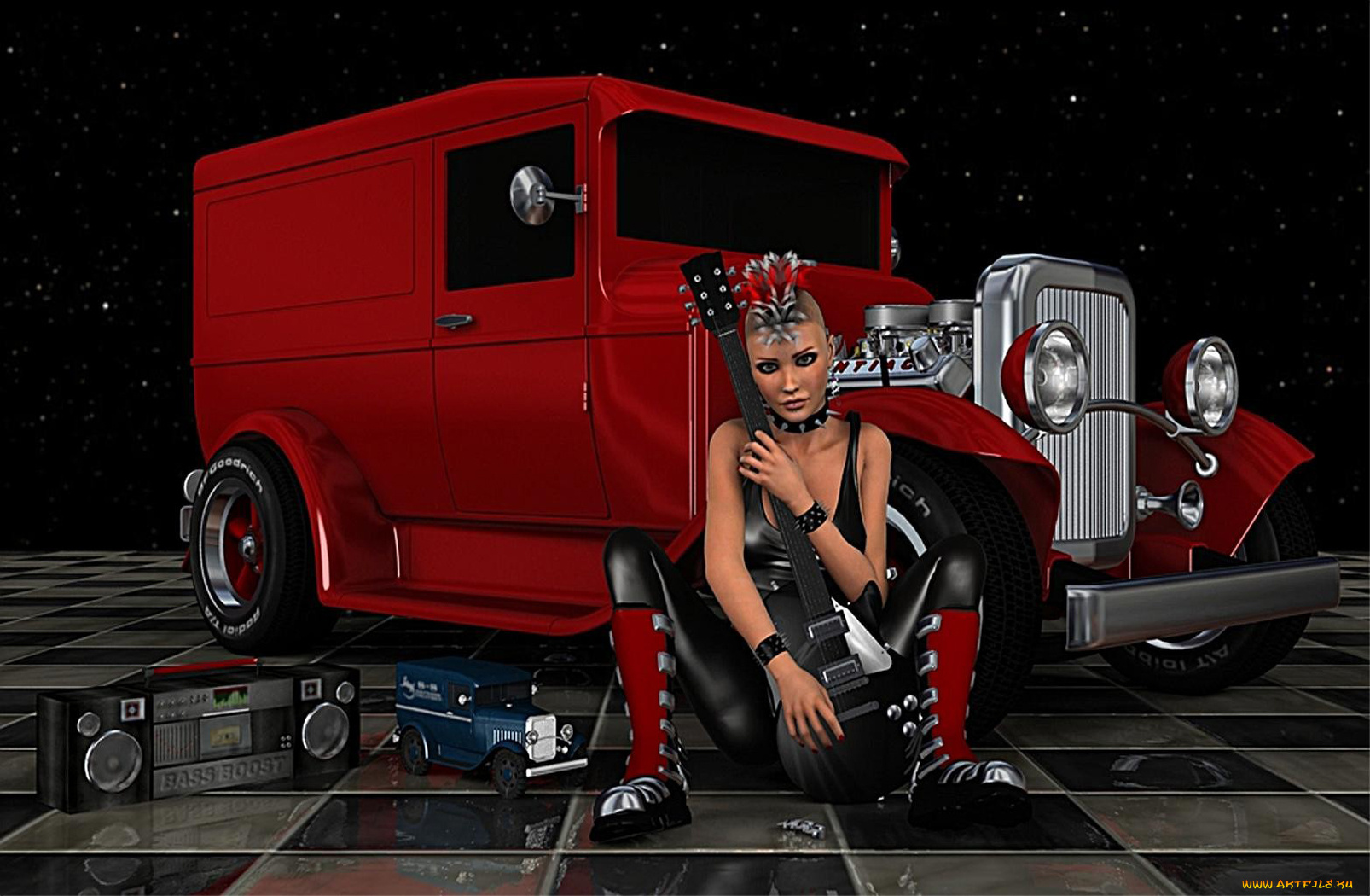 3д, графика, people, люди, автомобиль, девушка, гитара