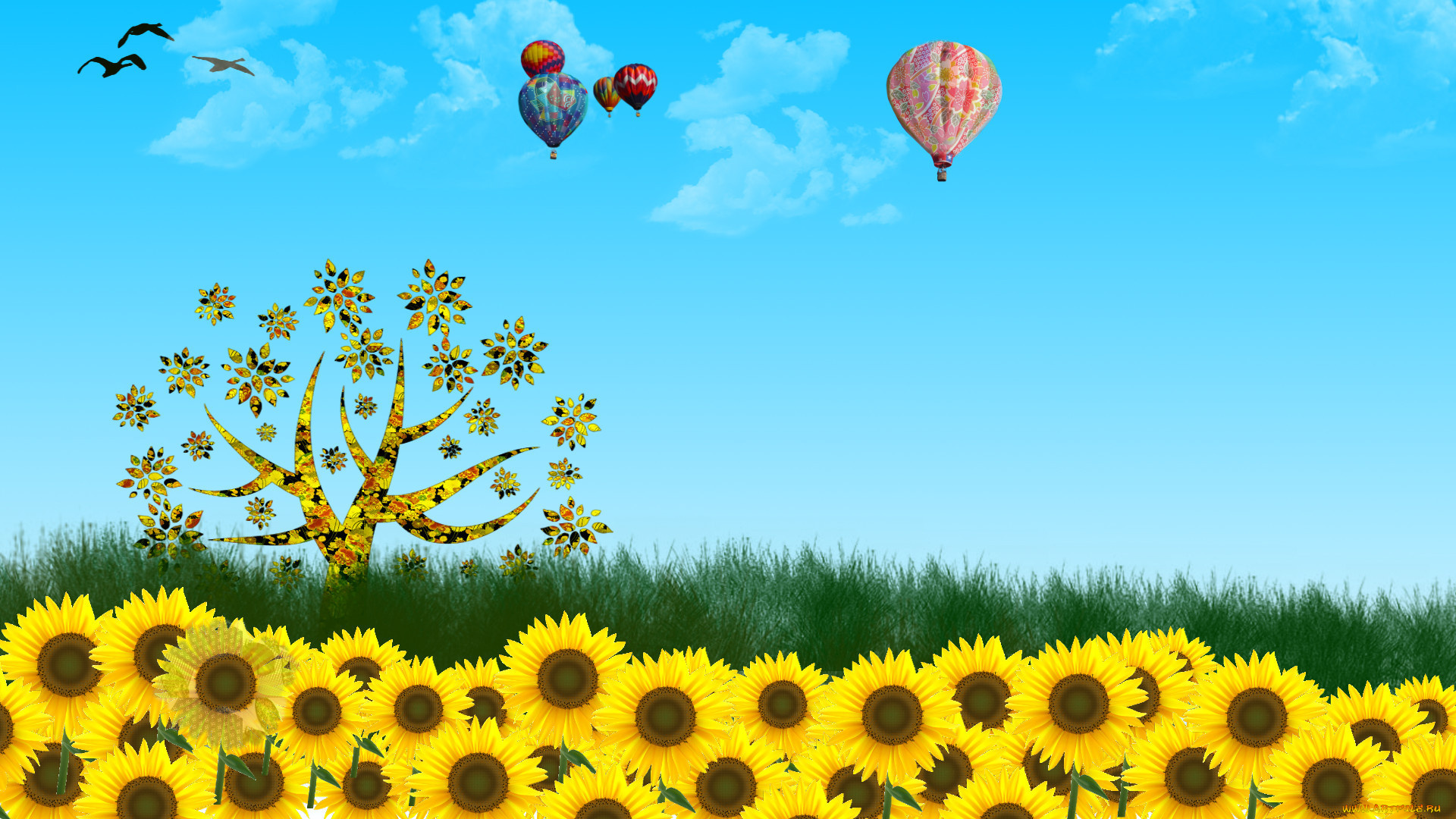 3д, графика, flowers, цветы, подсолнухи