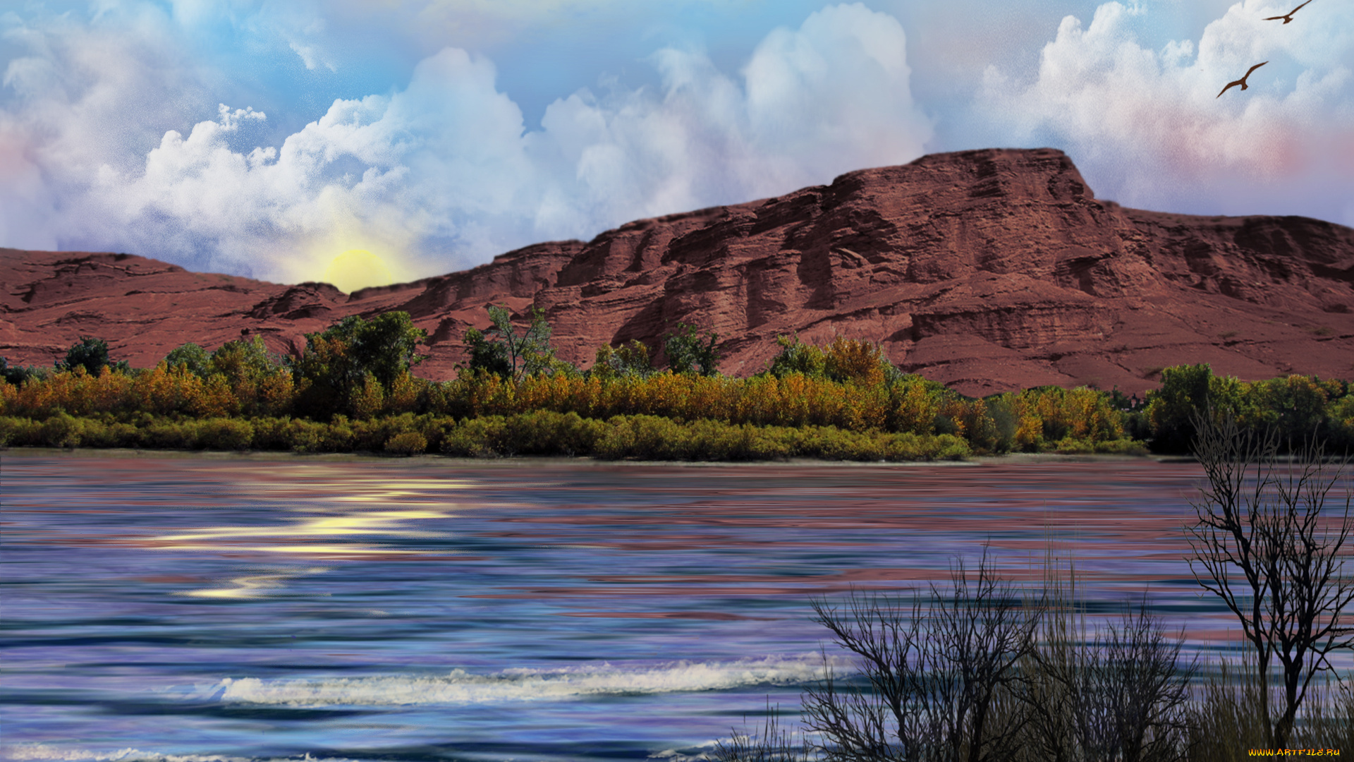 arizona, sunrise, природа, реки, озера, озеро, трава, деревья, горы