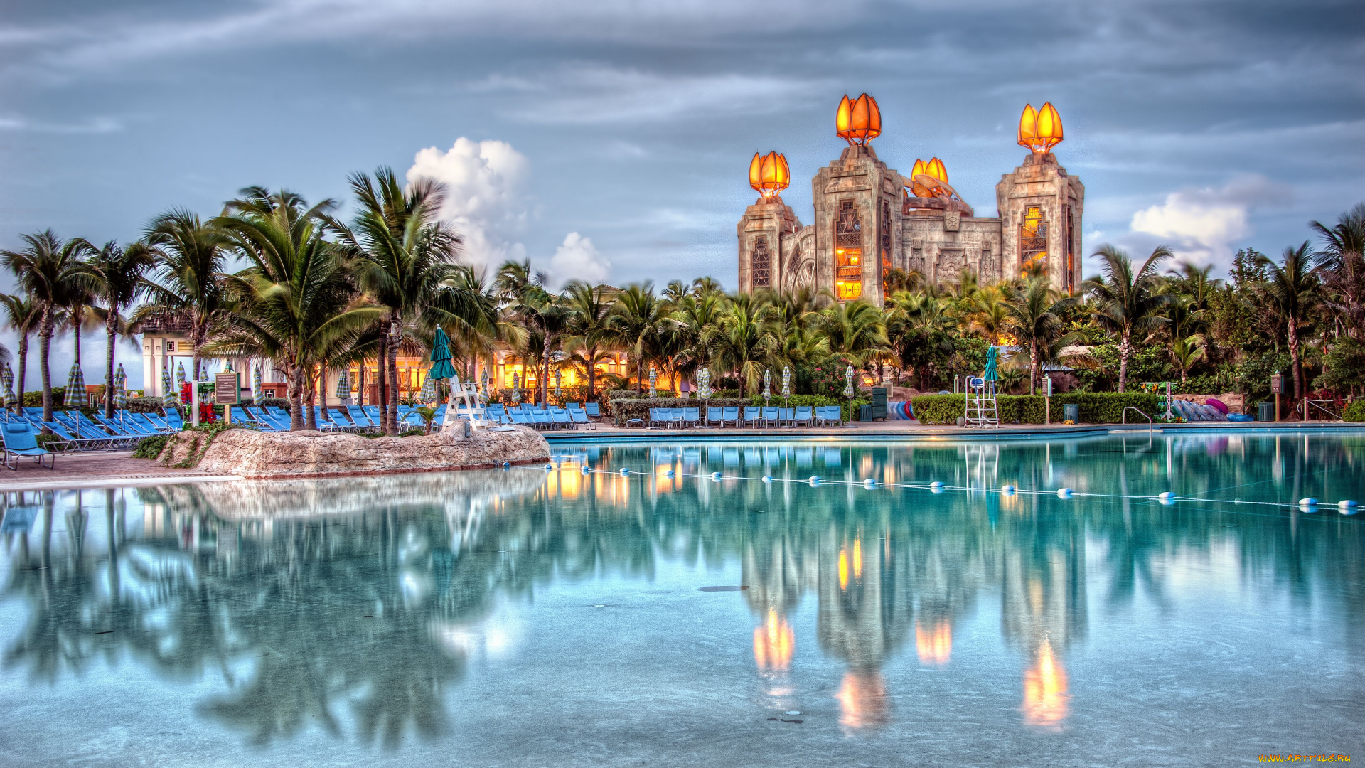nassau, bahamas, интерьер, бассейны, открытые, площадки, нассау, багамские, острова, пальмы, бассейн, atlantis, hotel