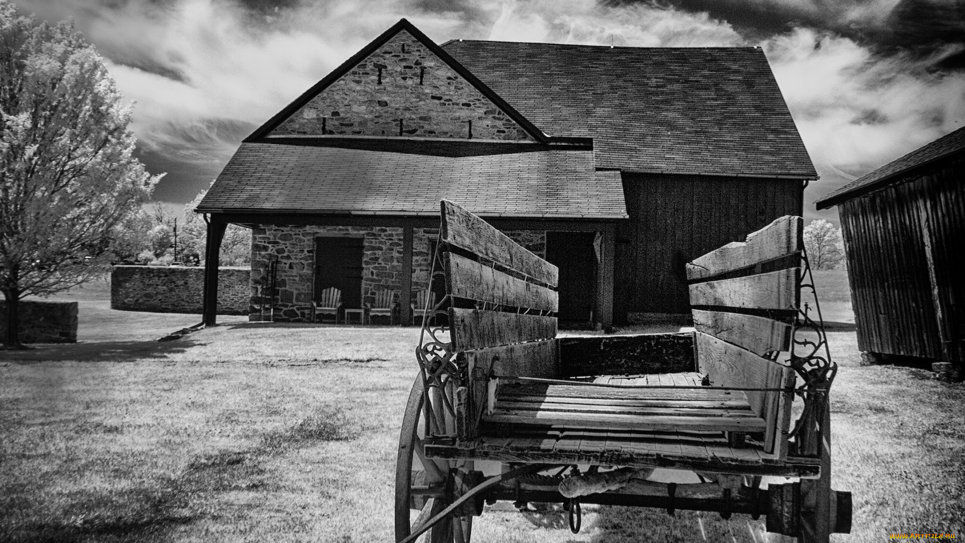 разное, сооружения, постройки, дом, облака, повозка