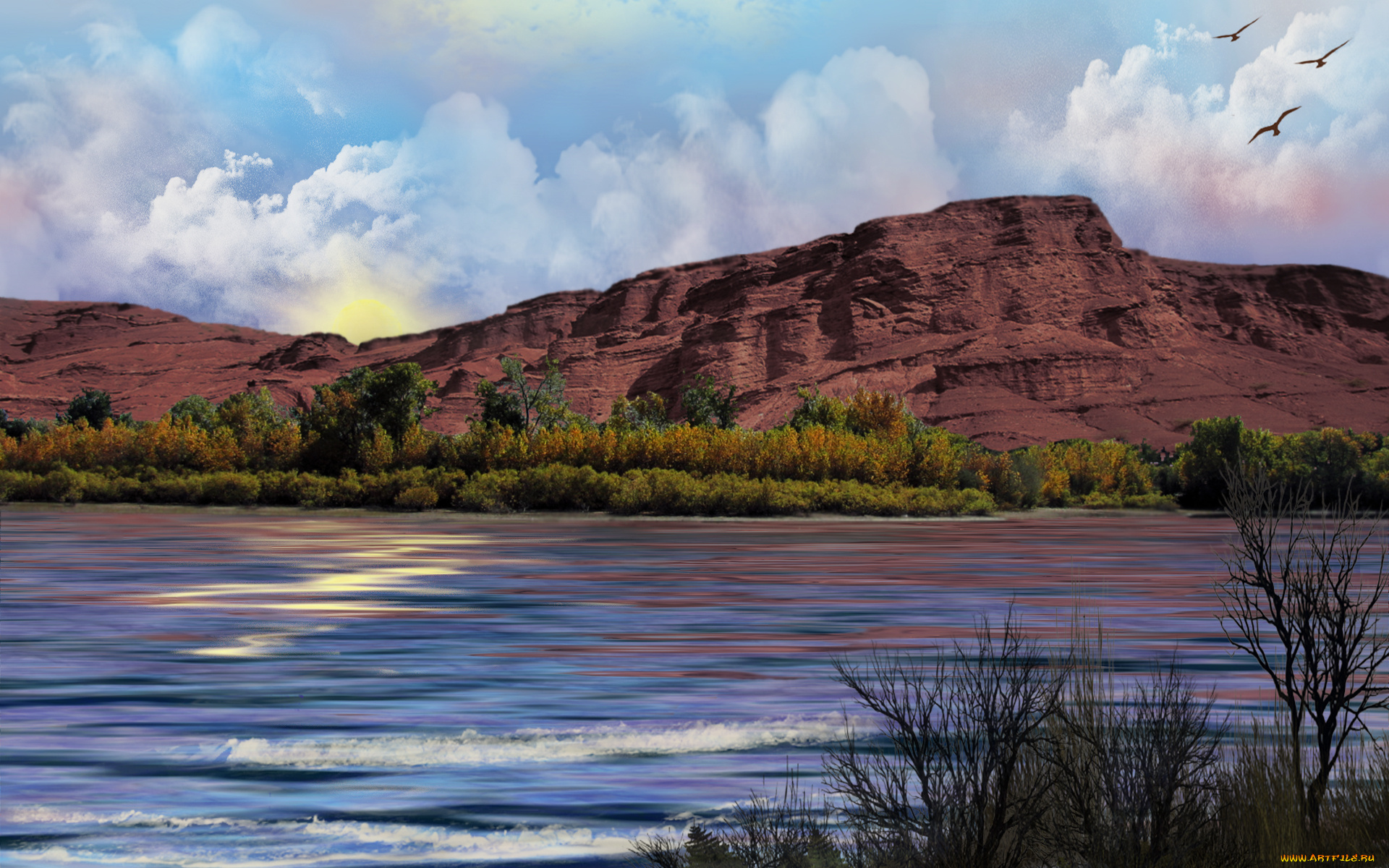 arizona, sunrise, природа, реки, озера, озеро, трава, деревья, горы