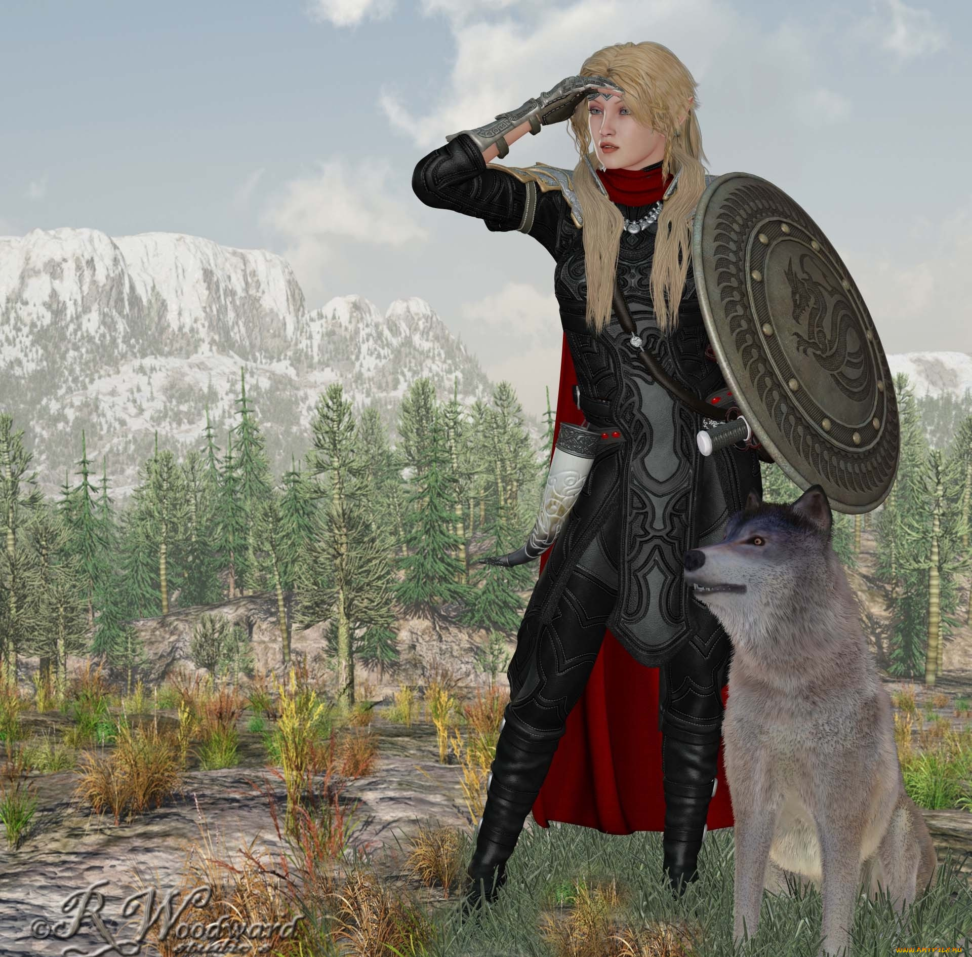 3д, графика, amazon, амазонки, собака, горы, девушка