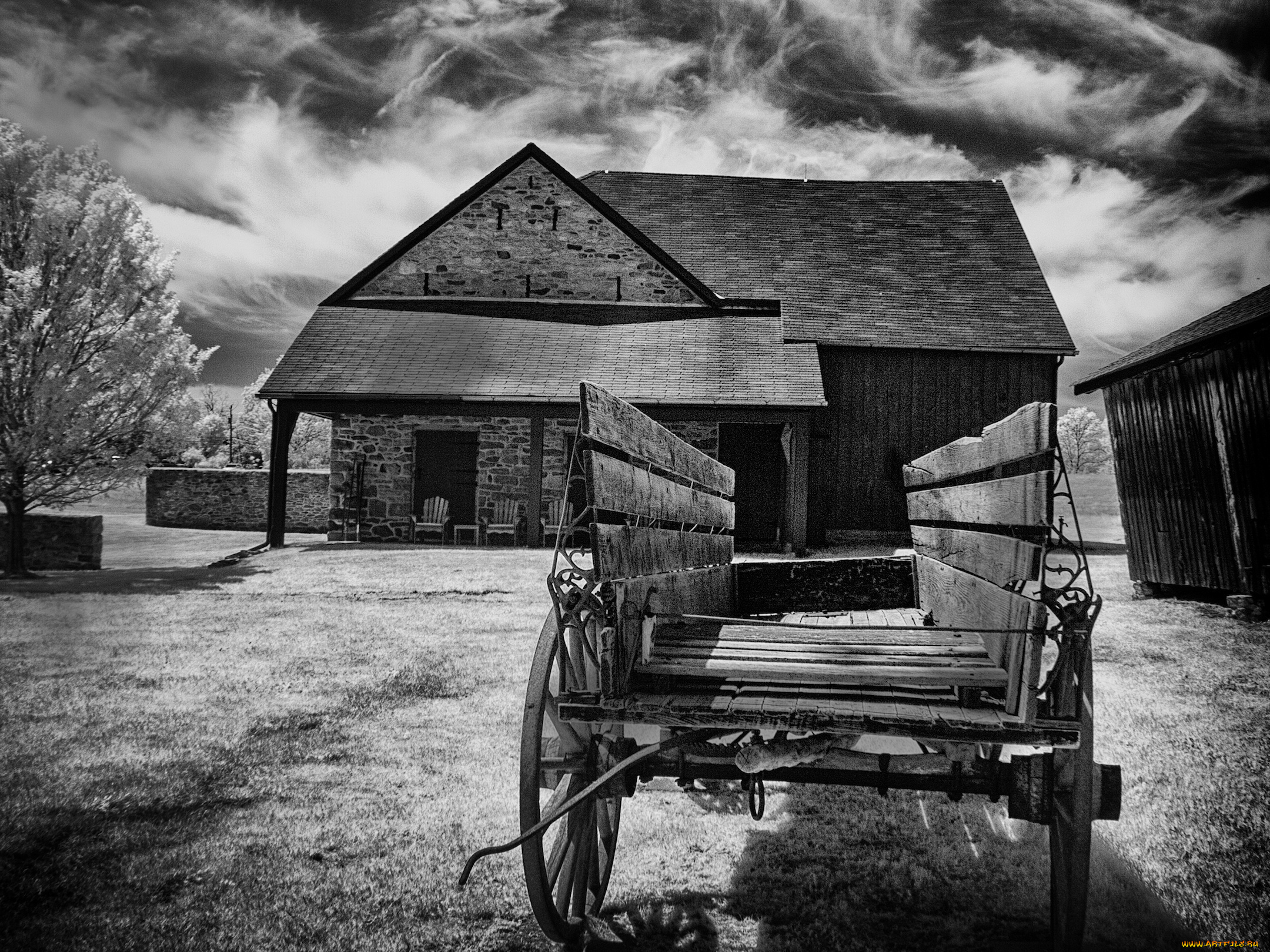 разное, сооружения, постройки, дом, облака, повозка