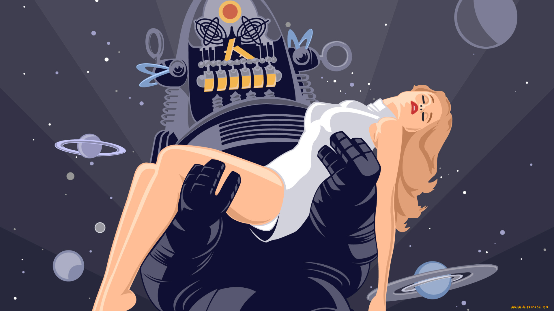 векторная, графика, девушка, планеты, робот, космос