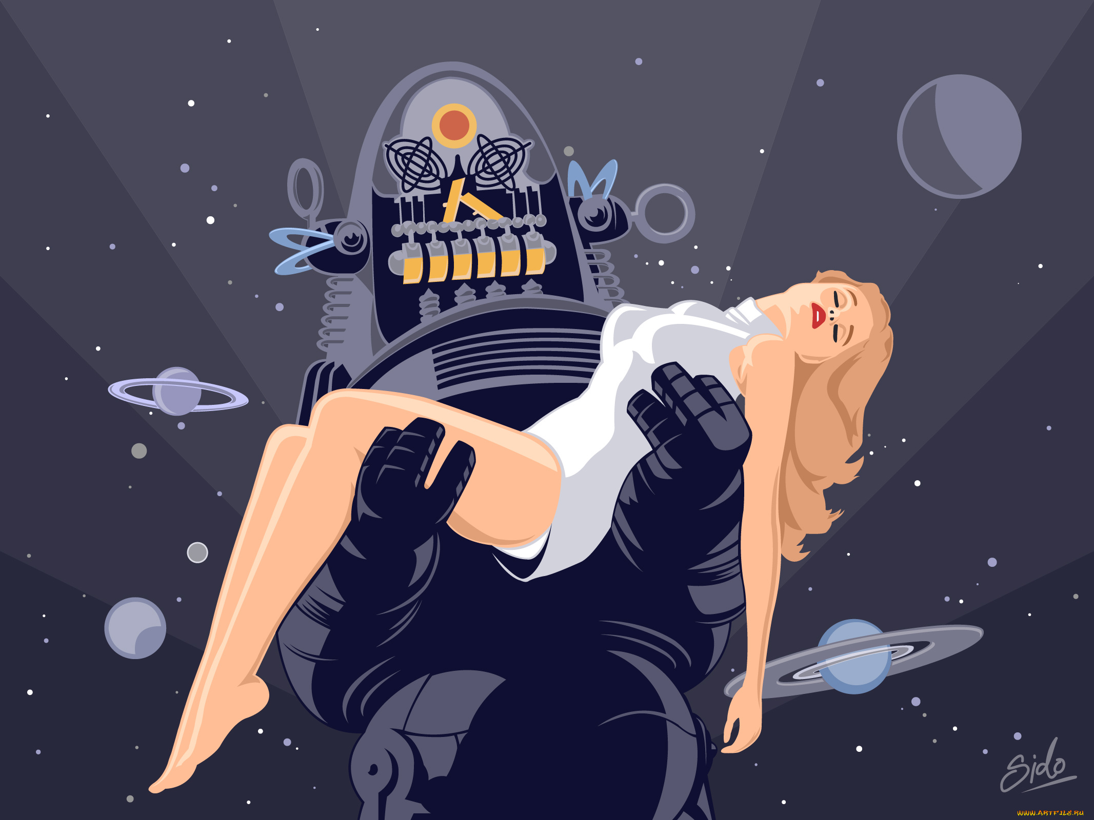 векторная, графика, девушка, планеты, робот, космос