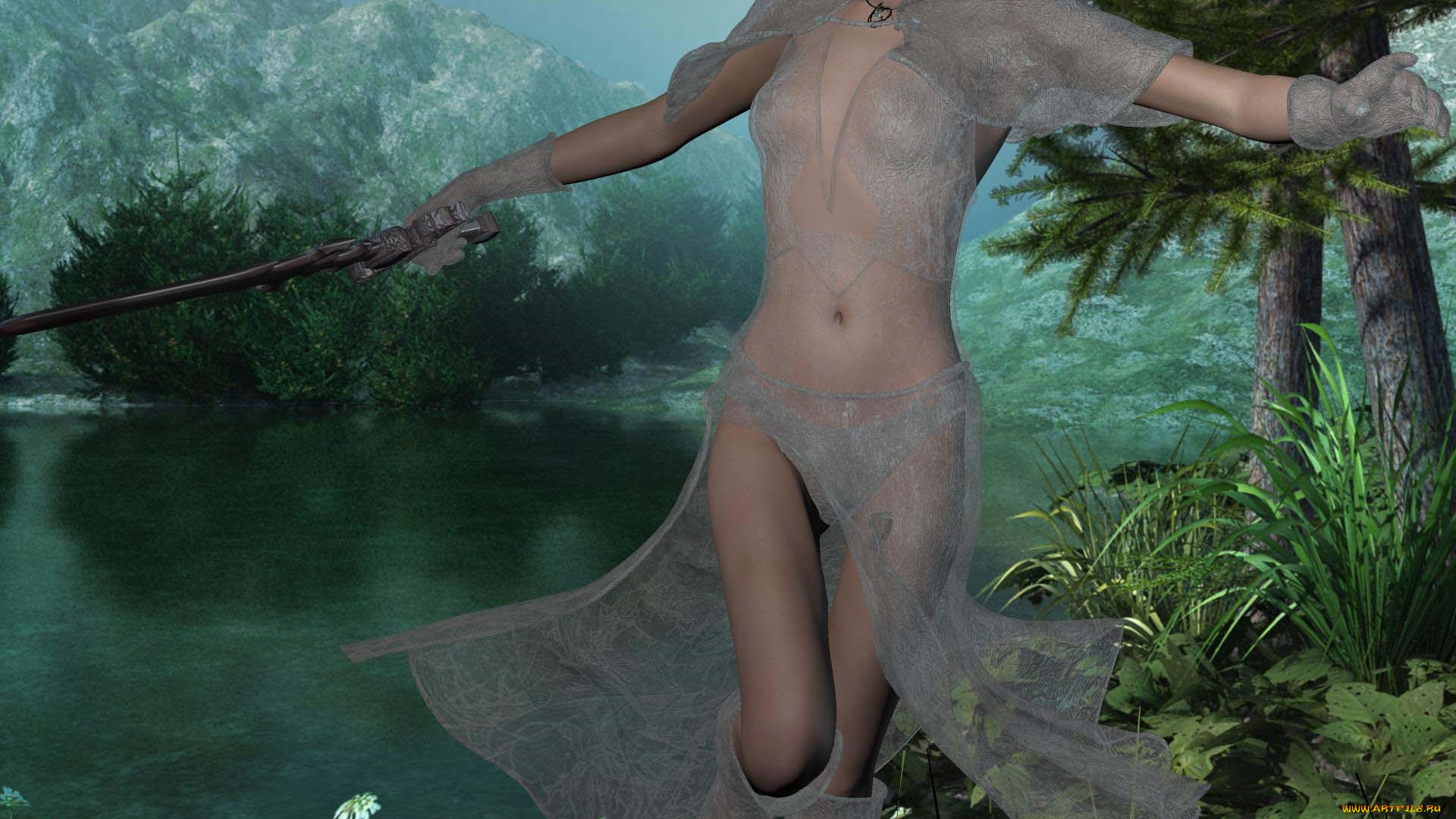 3д, графика, эльфы, , elves, меч, взгляд, эльфийка