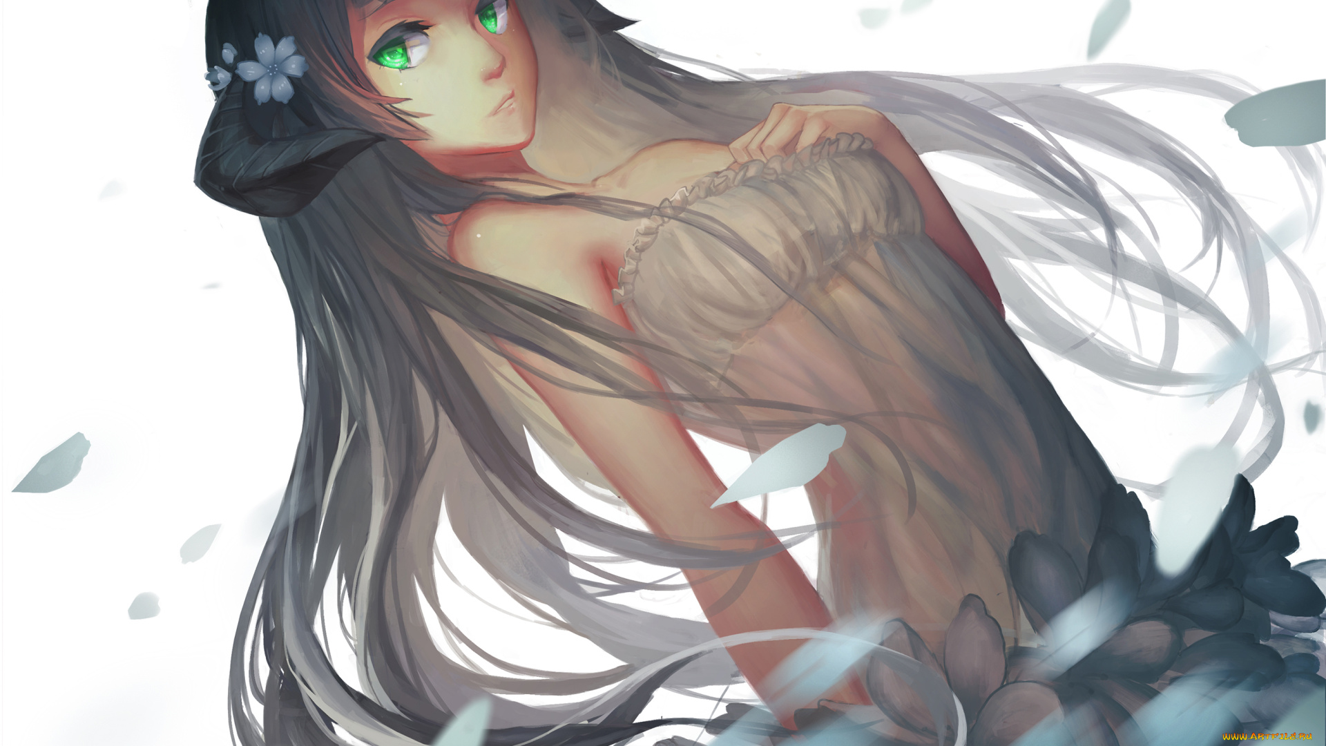 аниме, -angels, &, demons, лепестки, цветы, рога, девушка, ghostas, арт