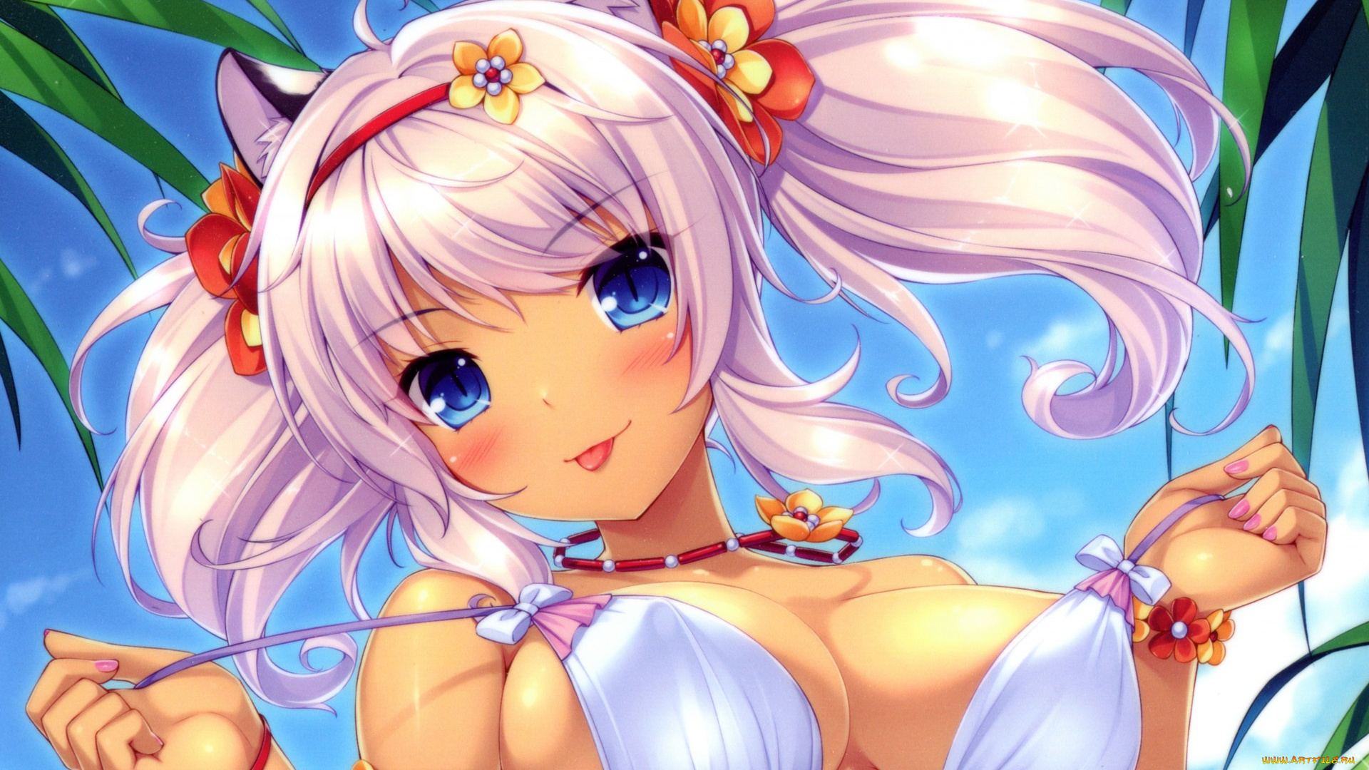 аниме, -animals, &, creatures, грудь, бикини, ушки, язык