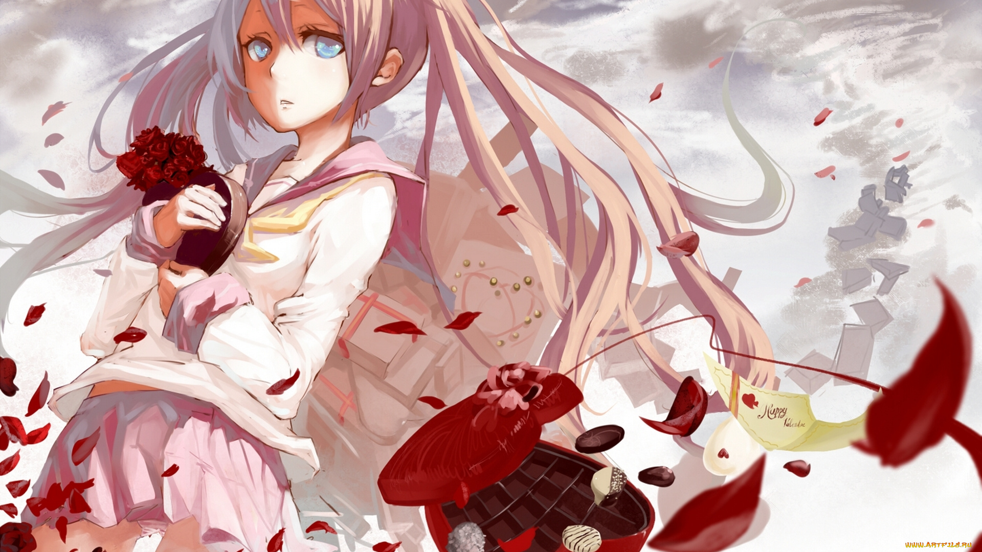 аниме, -happy, valentine, школьница, розы, лепестки, цветы, форма, конфеты, девушка, ghostas, арт