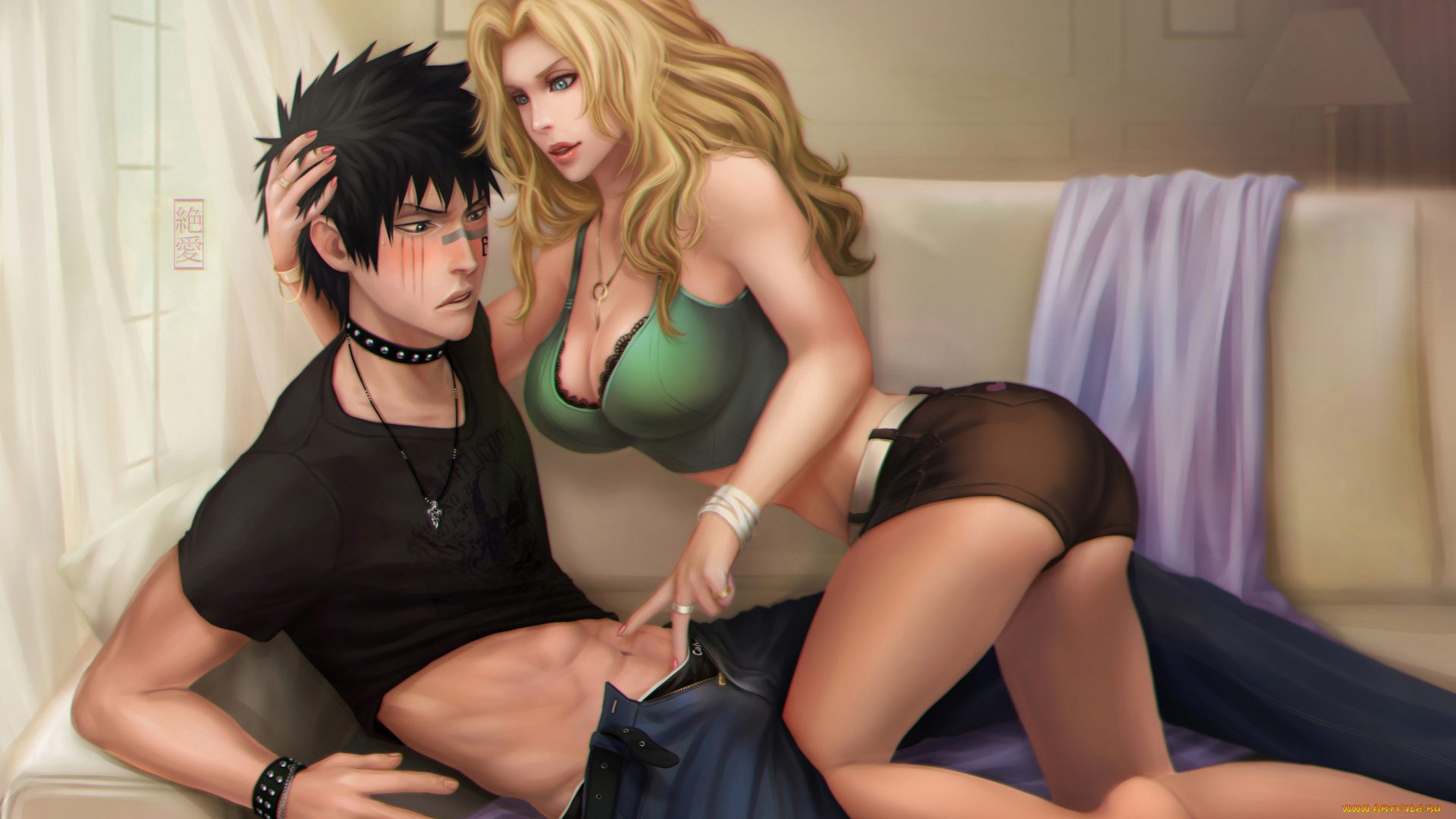 аниме, bleach, hisagi, shuuhei, парень, matsumoto, rangiku, девушка, art, zetsuai89, объятья, диван, блич, грудь, смущение