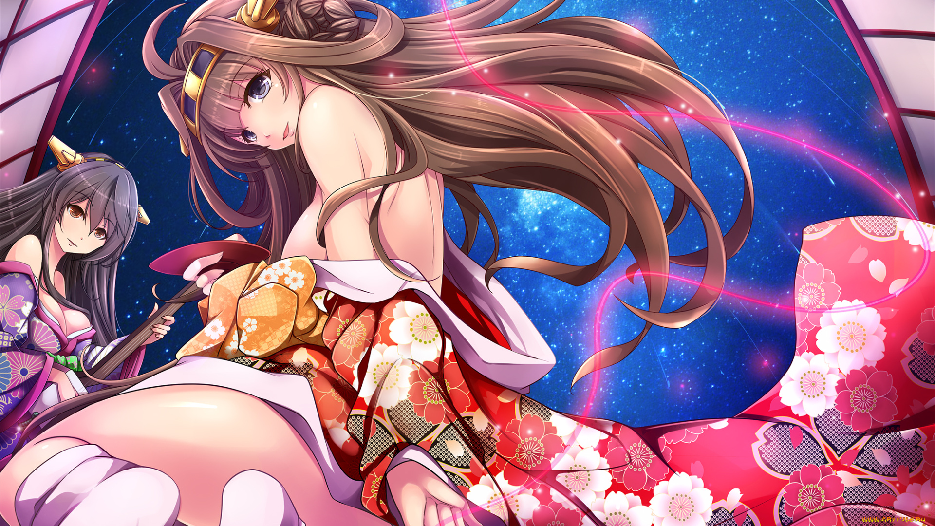 аниме, kantai, collection, девушки, aata1007, art, улыбка, взгляд, haruna, battleship, kongou, kantai, collection, космос, звезды, грудь, юката