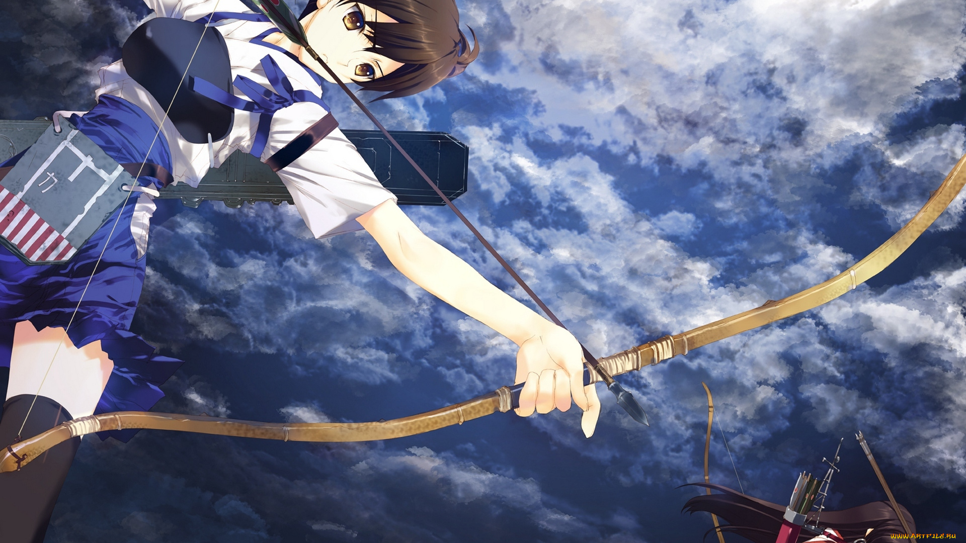 аниме, kantai, collection, лук, девушки, оружие, kaga, стрелы, небо, облака, akagi, kantai, collection, nakamura, takeshi, арт