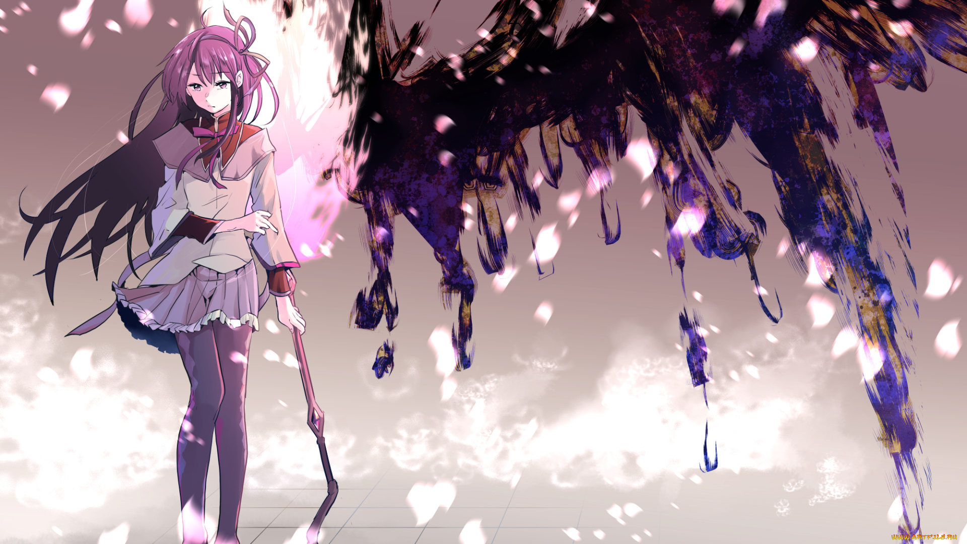 аниме, mahou, shoujo, madoka, magika, девушка, palemon, momoko, akemi, homura, mahou, shoujo, madoka, magica, девочка-волшебница, мадока, школьница, форма, крылья, арт