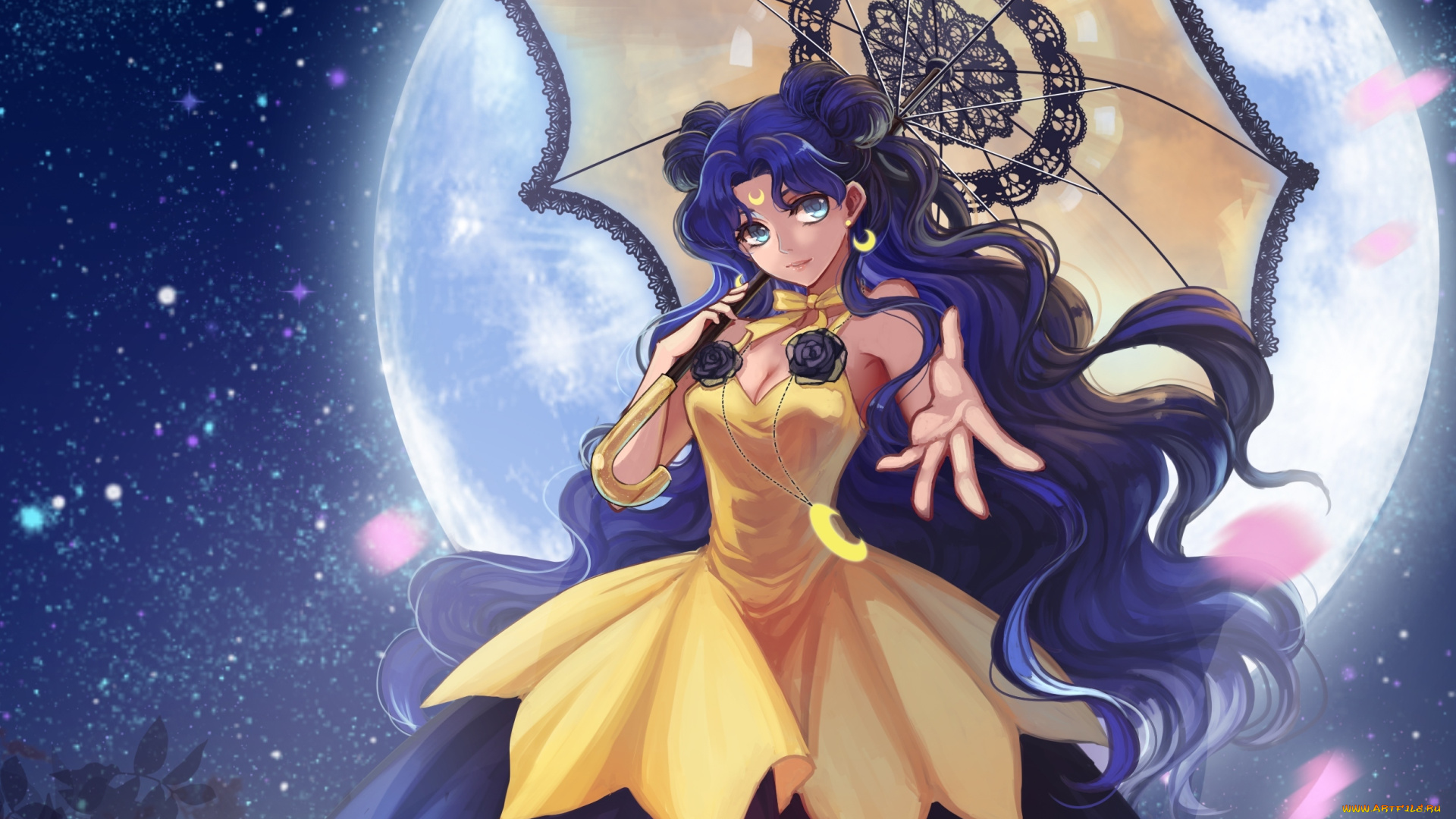 аниме, sailor, moon, лепестки, луна, девушка, ночь, зонт, luna, звезды, bishoujo, senshi, sailor, moon, douyougen, арт, небо