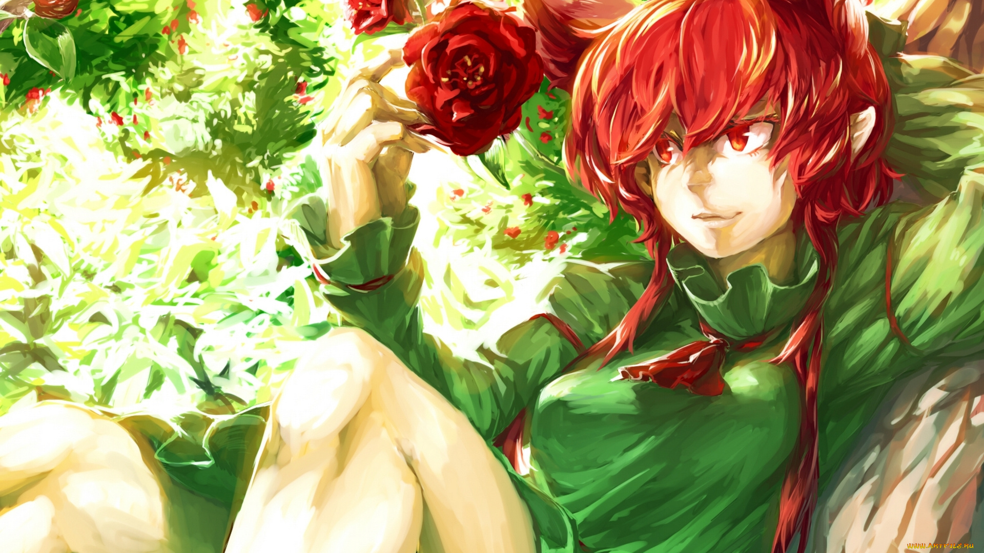 аниме, touhou, арт, temmasa22, девушка, kaenbyou, rin, цветы, ушки