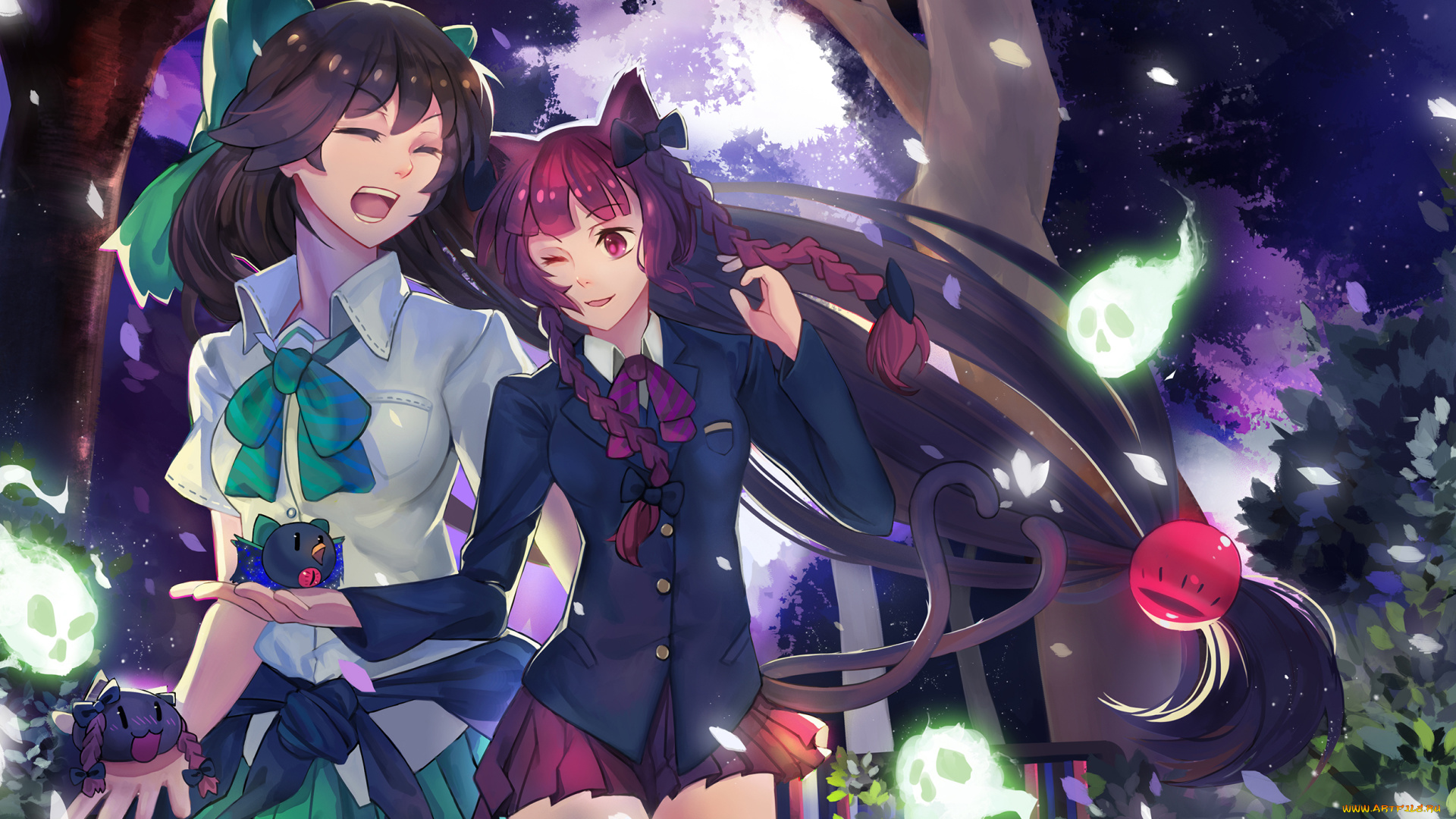 аниме, touhou, девушки, ушки, радость, reiuji, utsuho, kaenbyou, rin, листья, деревья, магия, tsubasa19900920, art, хвосты, жест