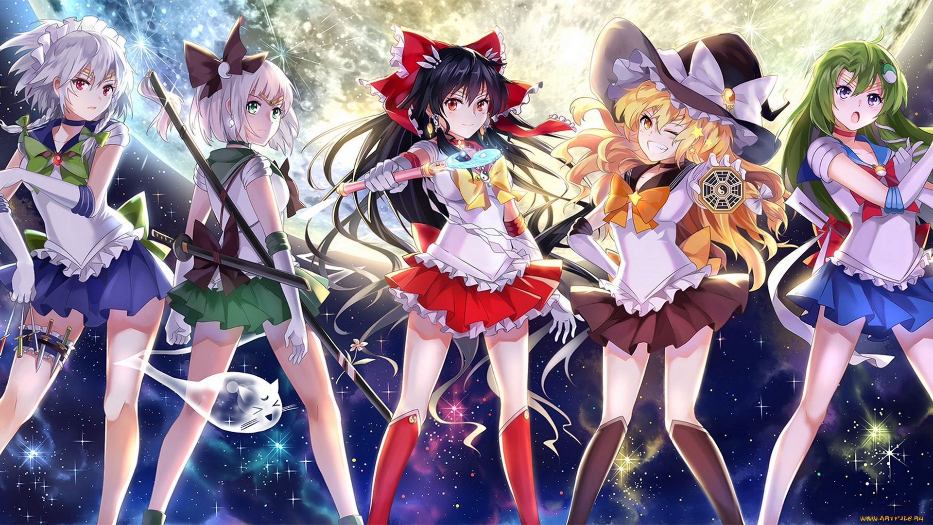 аниме, touhou, жезл, шляпа, sailor, moon, izayoi, sakuya, небо, ночь, косички, neko, yanshoujie, арт, ножи, оружие, девушки, konpaku, youmu, myon, kochiya, sanae, kirisame, marisa, hakurei, reimu, луна