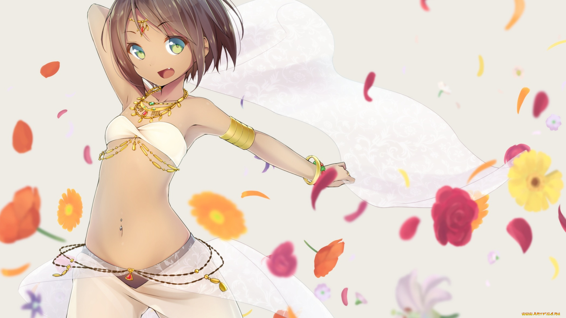 аниме, *unknown, , другое, лепестки, танец, радость, взгляд, девушка, ninnzinn, art