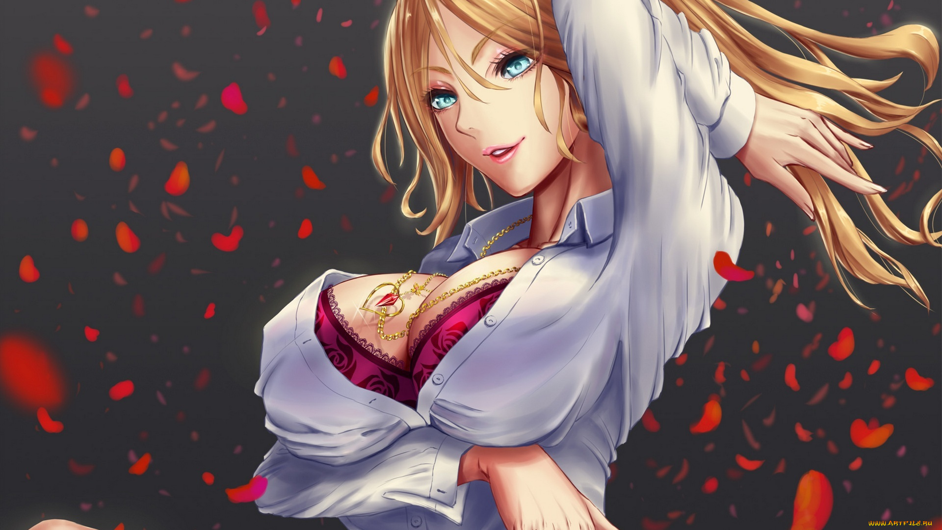 аниме, *unknown, , другое, лепестки, zgwg, art, кулон, грудь, улыбка, девушка