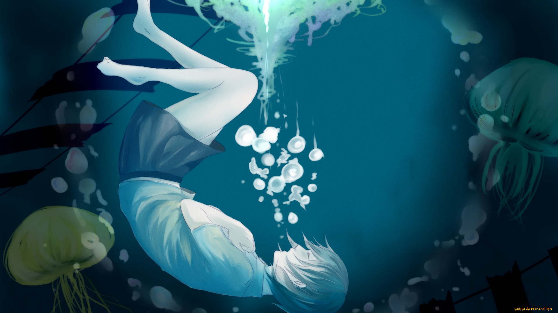 аниме, *unknown, , другое, под, водой, девушка, cmas125, sachi, арт, пузыри, медузы