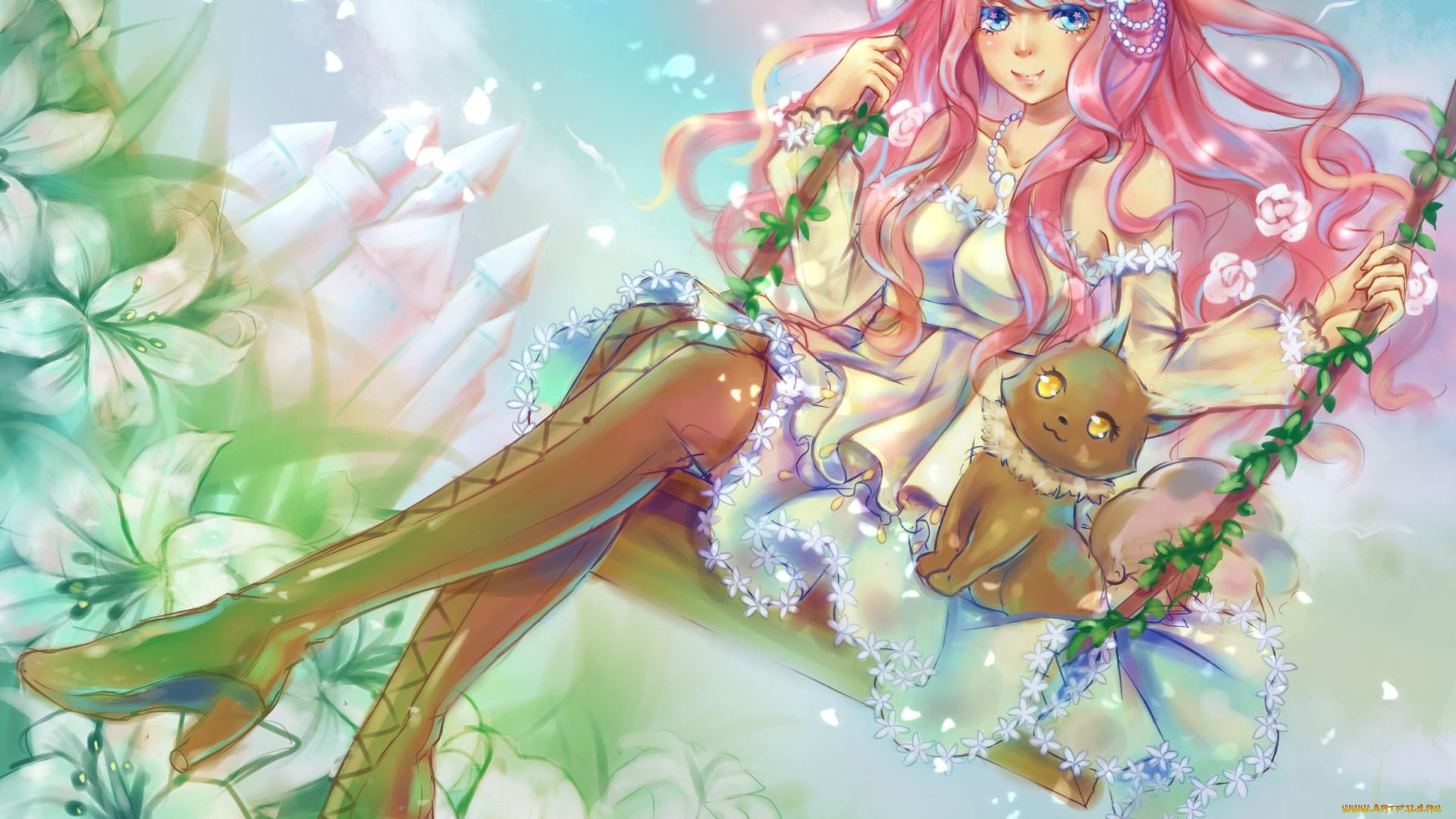 аниме, vocaloid, вокалоид, котенок, цветы, кошка, качели, улыбка, настроение, девушка, megurine, luka, tandolcedeco, art