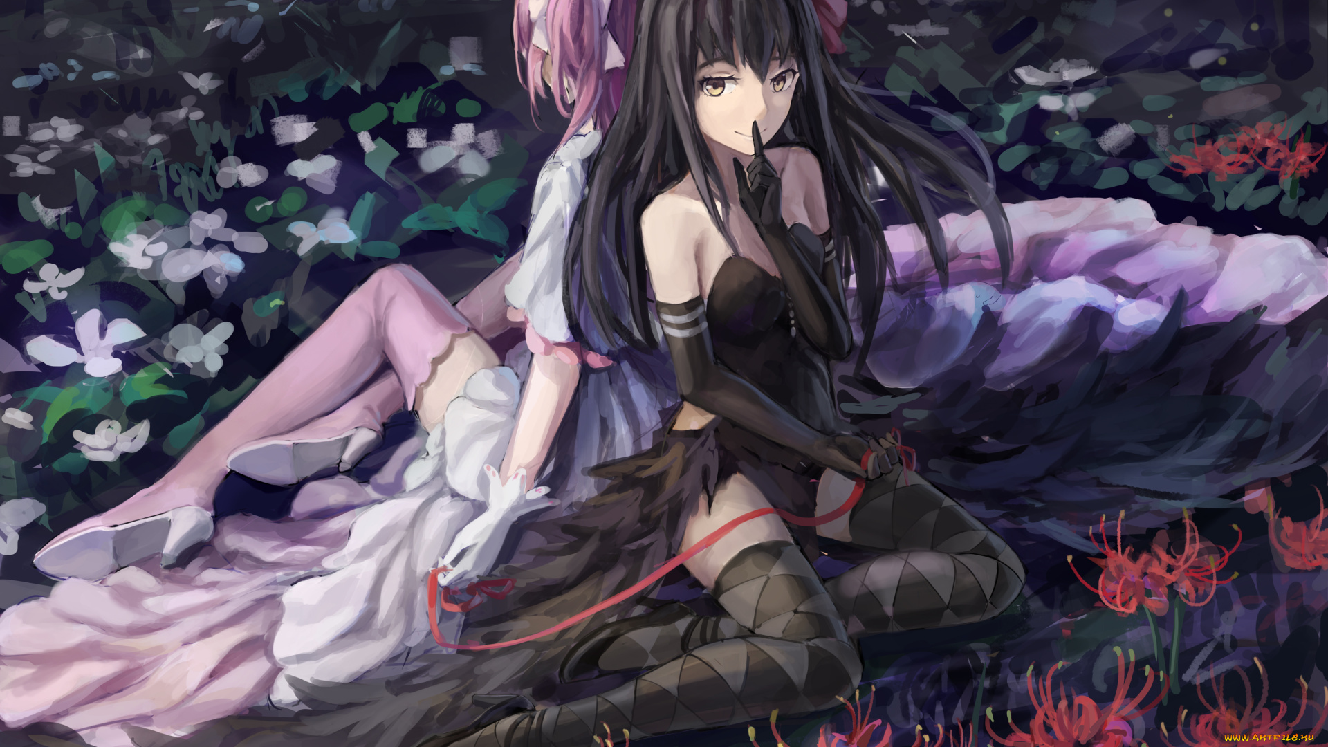 by, minestar, аниме, mahou, shoujo, madoka, magika, нить, цветы, поляна, девушки, akuma, homura, goddess, madoka, kaname, akemi, секрет, бант, платье