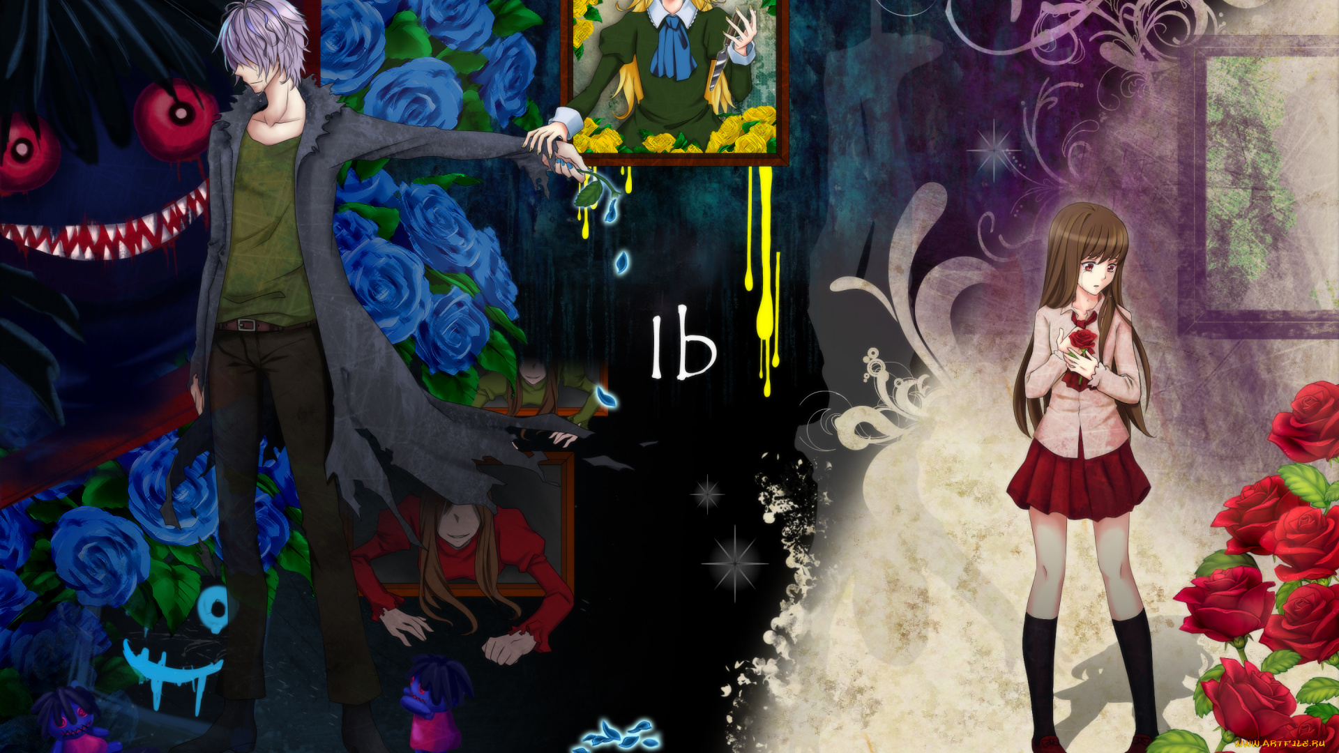 by, miyabi, аниме, ib, garry, картина, девушка, парень, краски, розы, цветы, монстры, рама, mary, eve