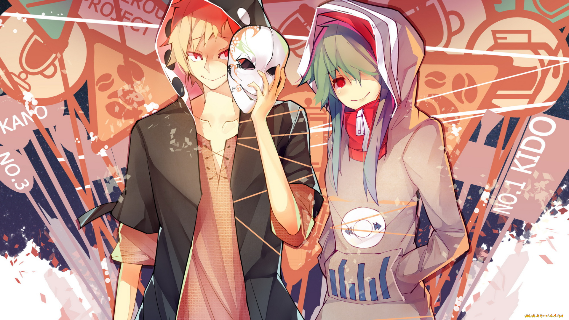 by, rain, lan, аниме, mekakucity, actors, kano, shuuya, kido, tsubomi, kagerou, project, улыбка, знаки, капюшон, маска, парень, девушка