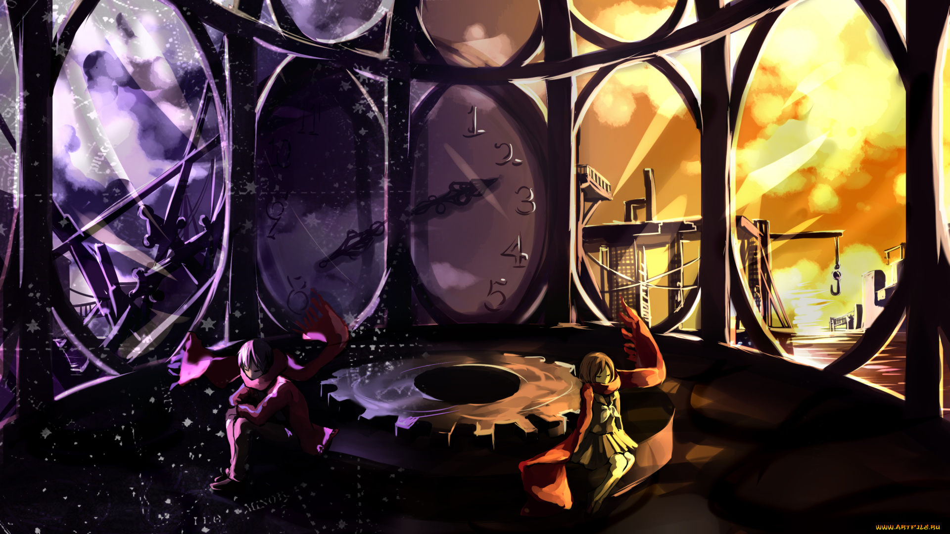 by, yelsh, аниме, mekakucity, actors, кран, шестерни, часы, окно, город, шарф, парень, ночь, цифры, стрелки, девушка, день, tateyama, ayano, kagerou, project, здания